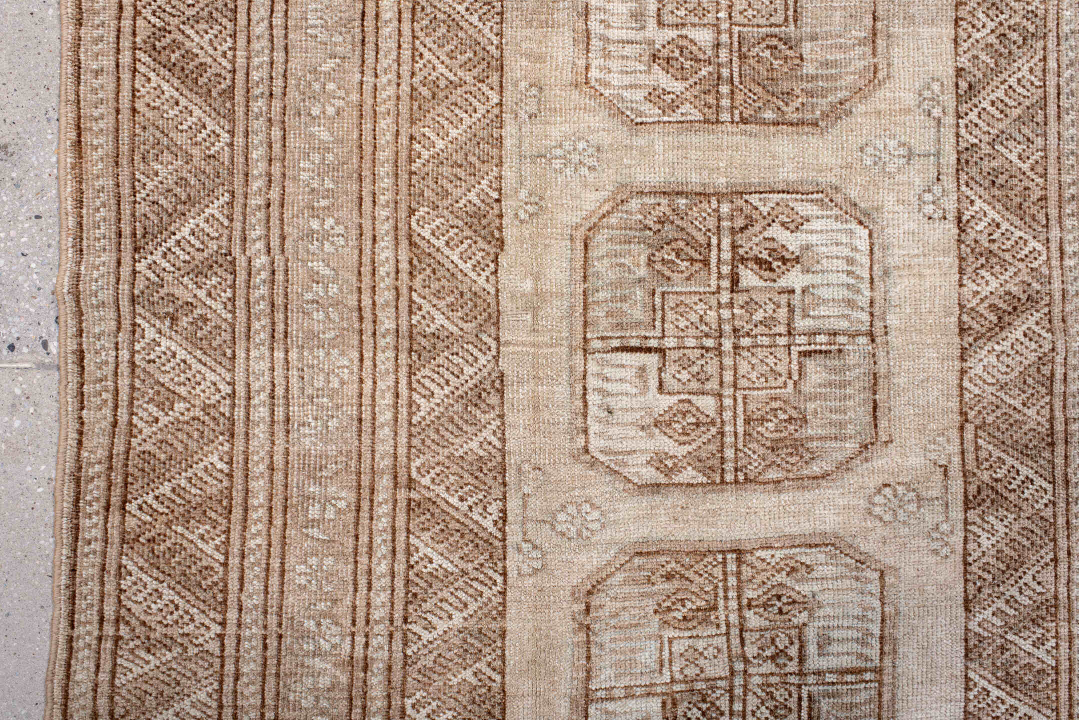 3' x 6' one-of-a-kind handmade antique Afghan small size rug. Color palette: camel, ivory, taupe, beige, sand, gray
