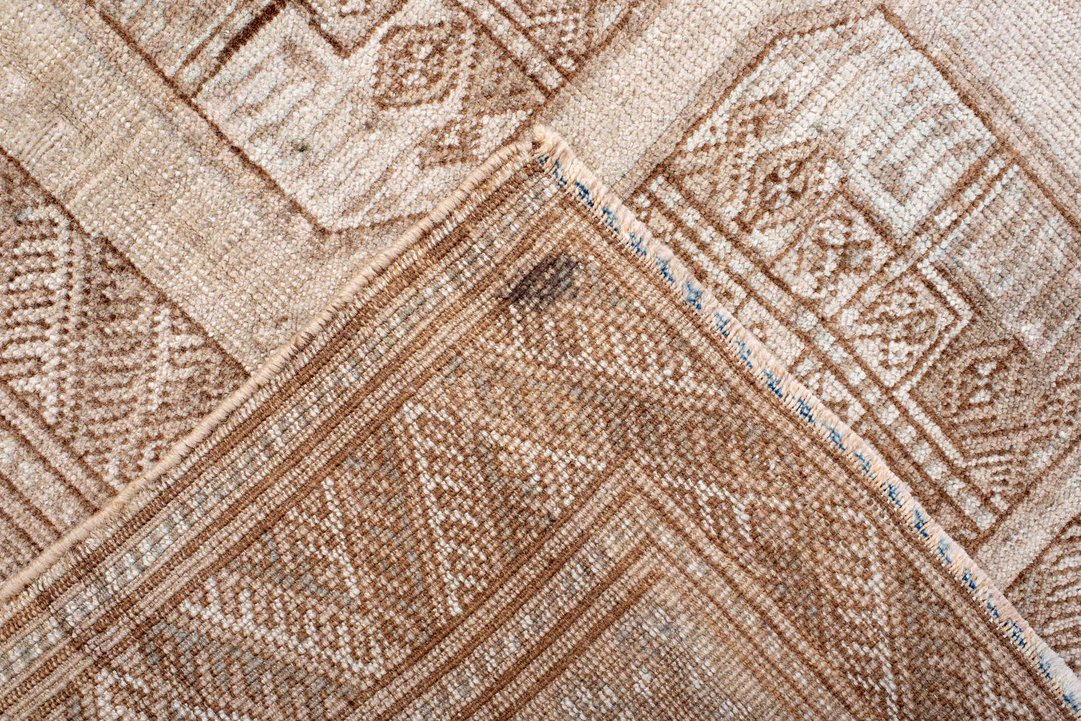 3' x 6' one-of-a-kind handmade antique Afghan small size rug. Color palette: camel, ivory, taupe, beige, sand, gray