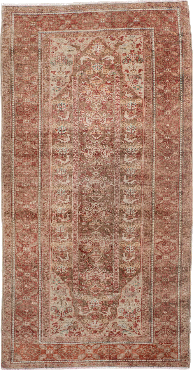 2' x 5' one-of-a-kind handmade vintage Belouch small size rug. Color palette: brown, gray, pink, red