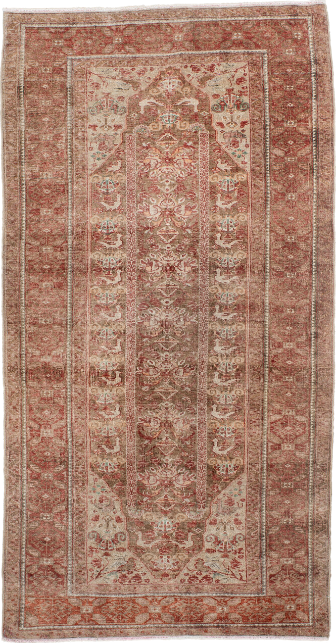 2' x 5' one-of-a-kind handmade antique Belouch small size rug. Color palette: rust, ivory, taupe, rose, sage, brown