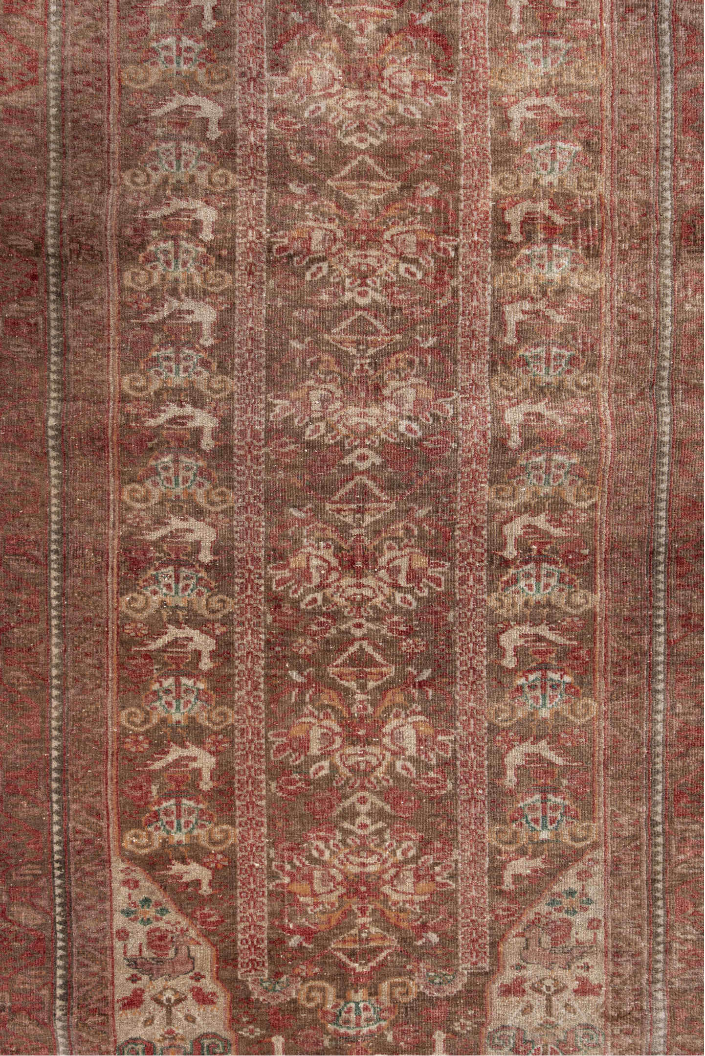 2' x 5' one-of-a-kind handmade antique Belouch small size rug. Color palette: rust, ivory, taupe, rose, sage, brown