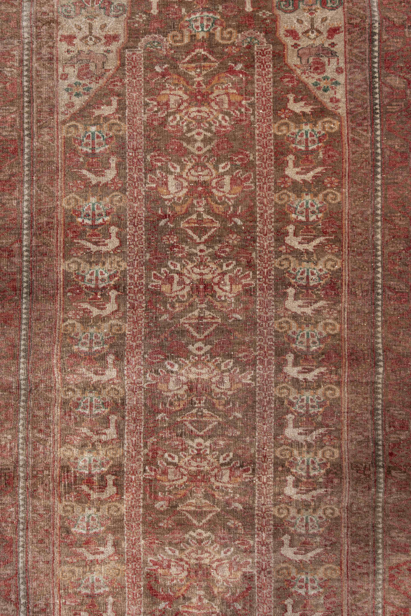 2' x 5' one-of-a-kind handmade antique Belouch small size rug. Color palette: rust, ivory, taupe, rose, sage, brown