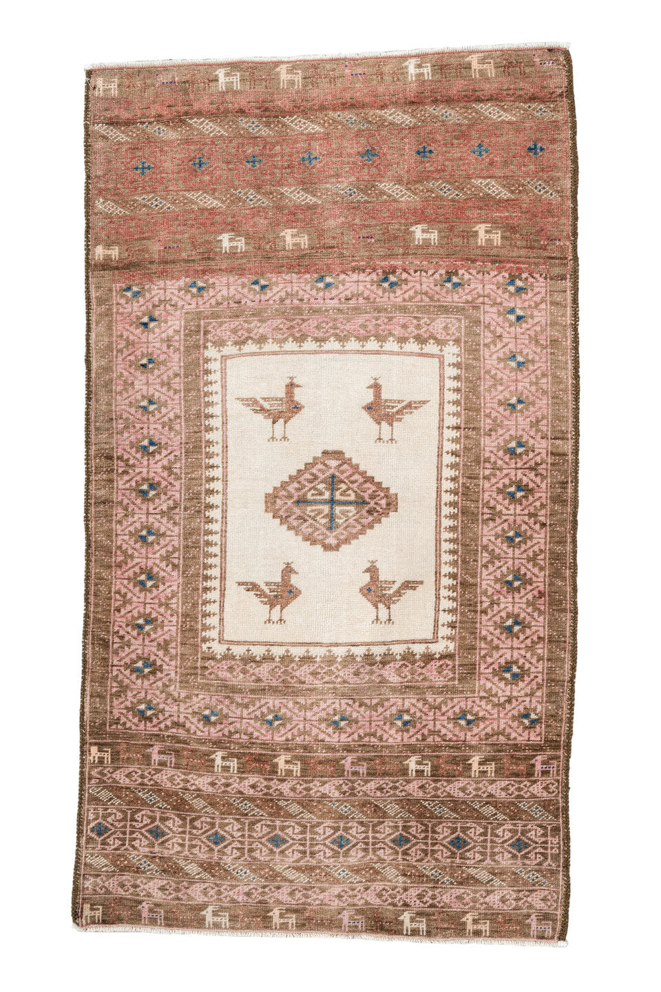 2' x 4' one-of-a-kind handmade vintage Belouch small size rug. Color palette: brown, gray, blue, pink, orange, off-white