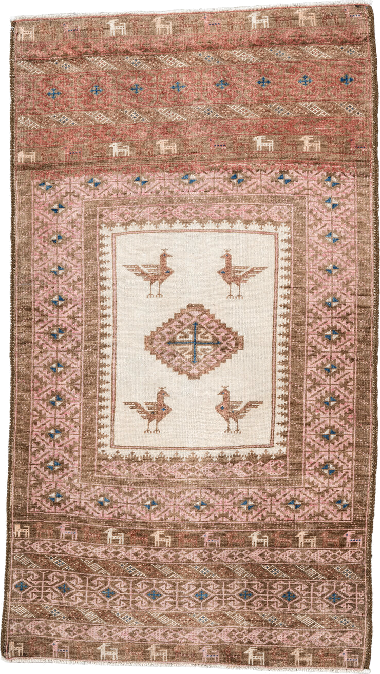 2' x 4' one-of-a-kind handmade vintage Belouch small size rug. Color palette: blue, brown, dim gray, floral white, gray