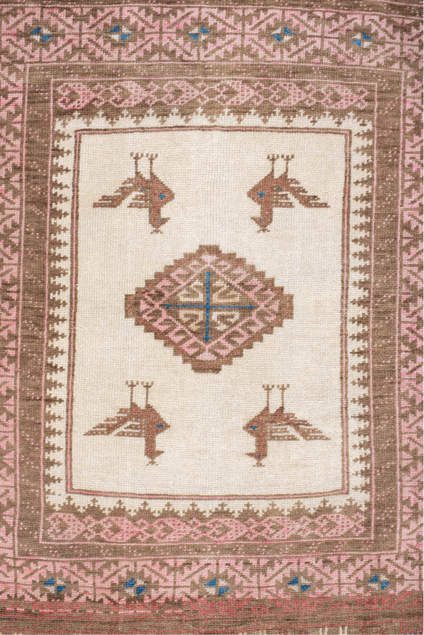 2' x 4' one-of-a-kind handmade vintage Belouch small size rug. Color palette: blue, brown, dim gray, floral white, gray