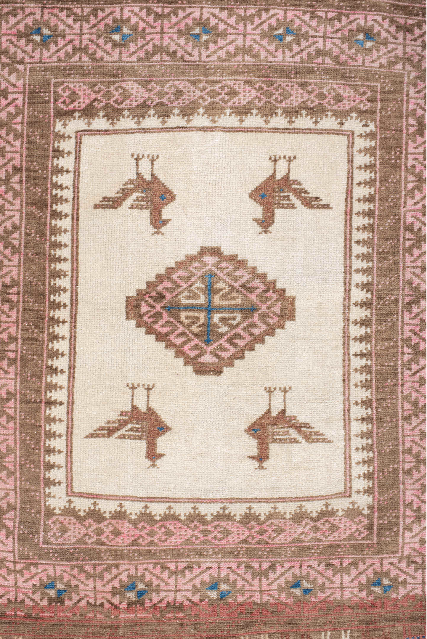 2' x 4' one-of-a-kind handmade vintage Belouch small size rug. Color palette: blue, brown, dim gray, floral white, gray