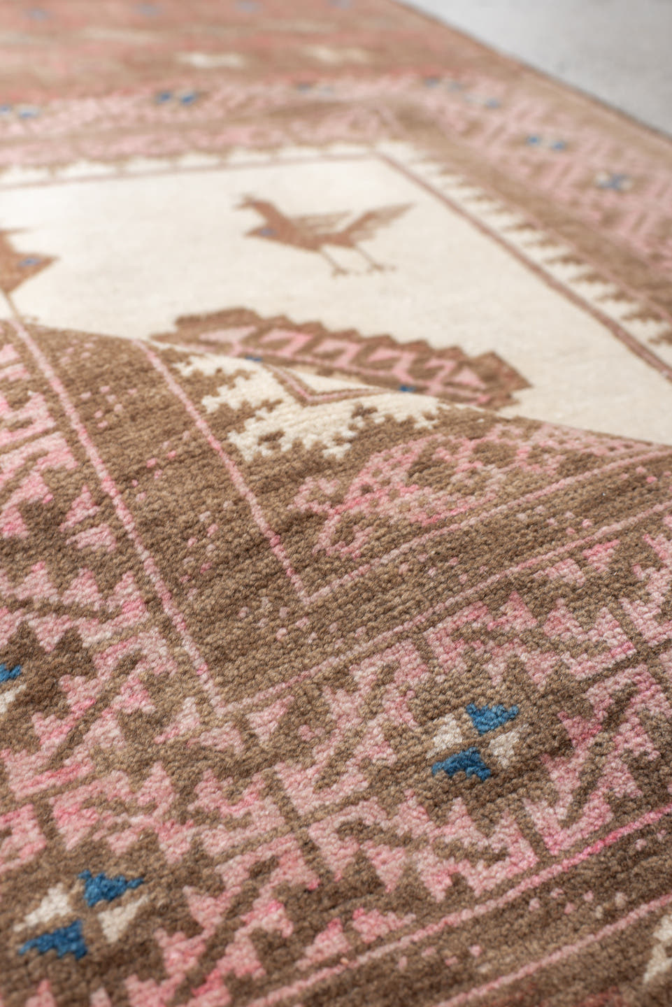 2' x 4' one-of-a-kind handmade antique Belouch small size rug. Color palette: brown, rose, ivory, taupe, blue, camel, pink