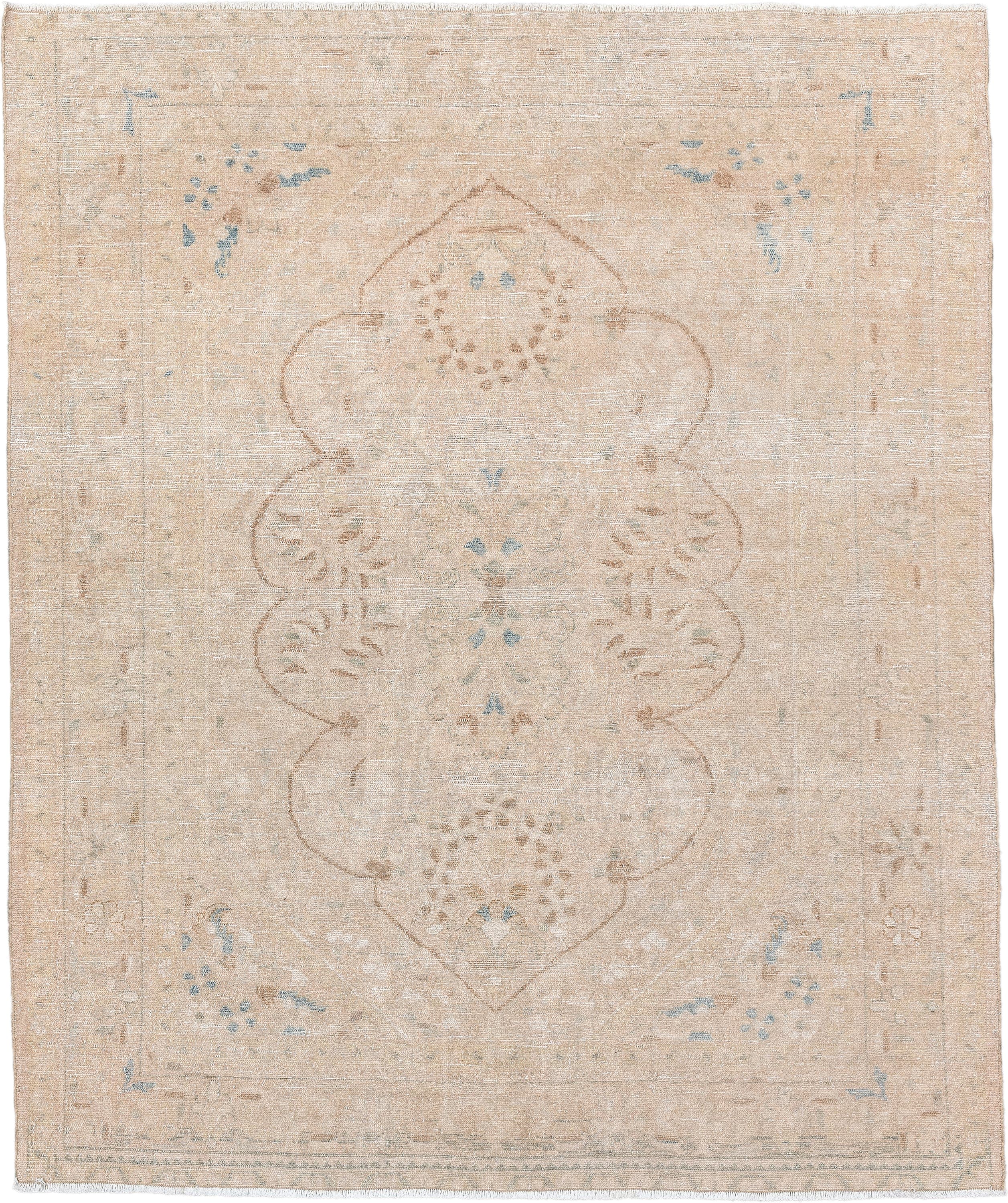 5' x 6' one-of-a-kind handmade antique Malayer rug. Color palette: ivory, beige, pale blue, taupe, cream, light brown