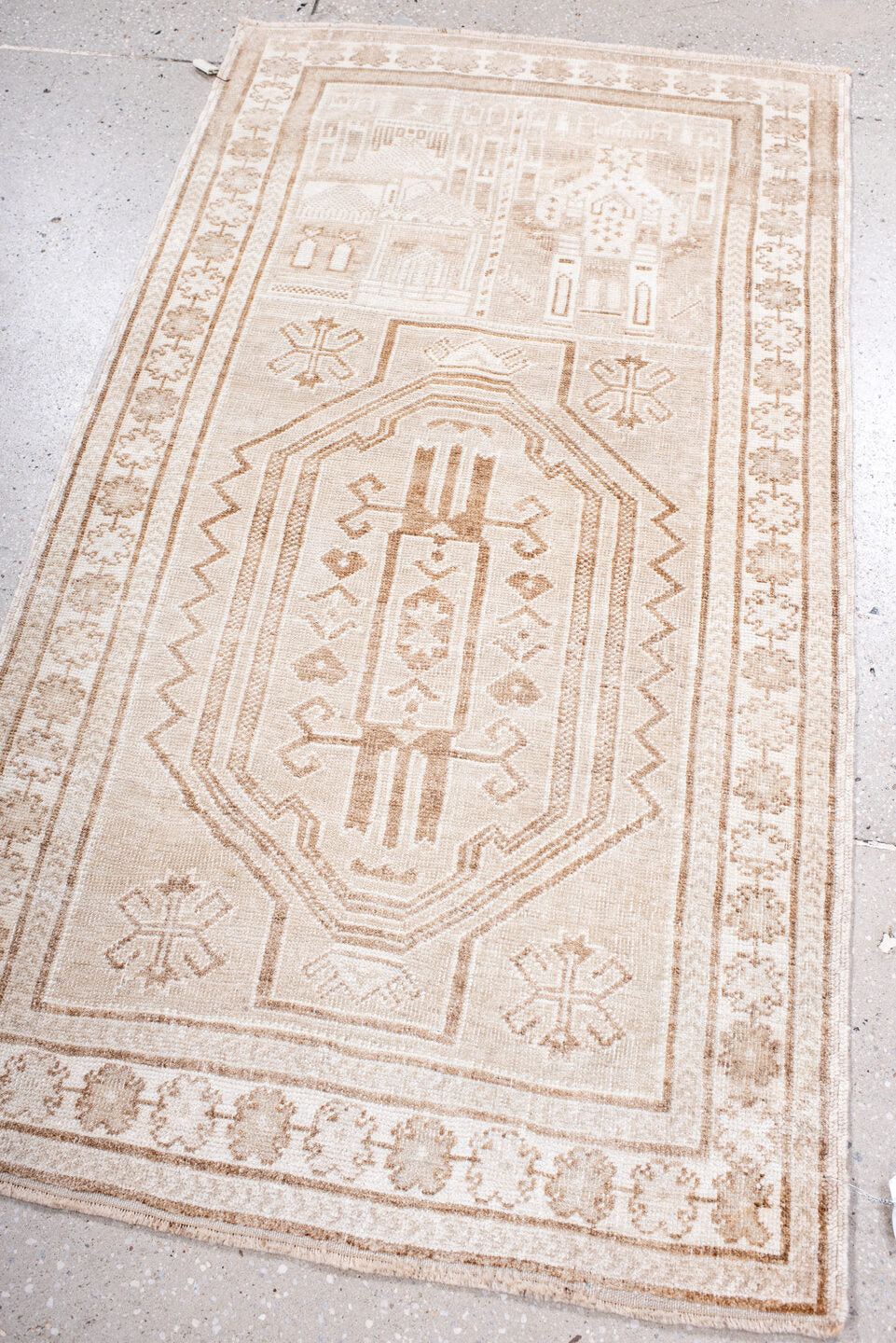 2' x 4' one-of-a-kind handmade antique Belouch small size rug. Color palette: ivory, beige, taupe, camel, sand, gray
