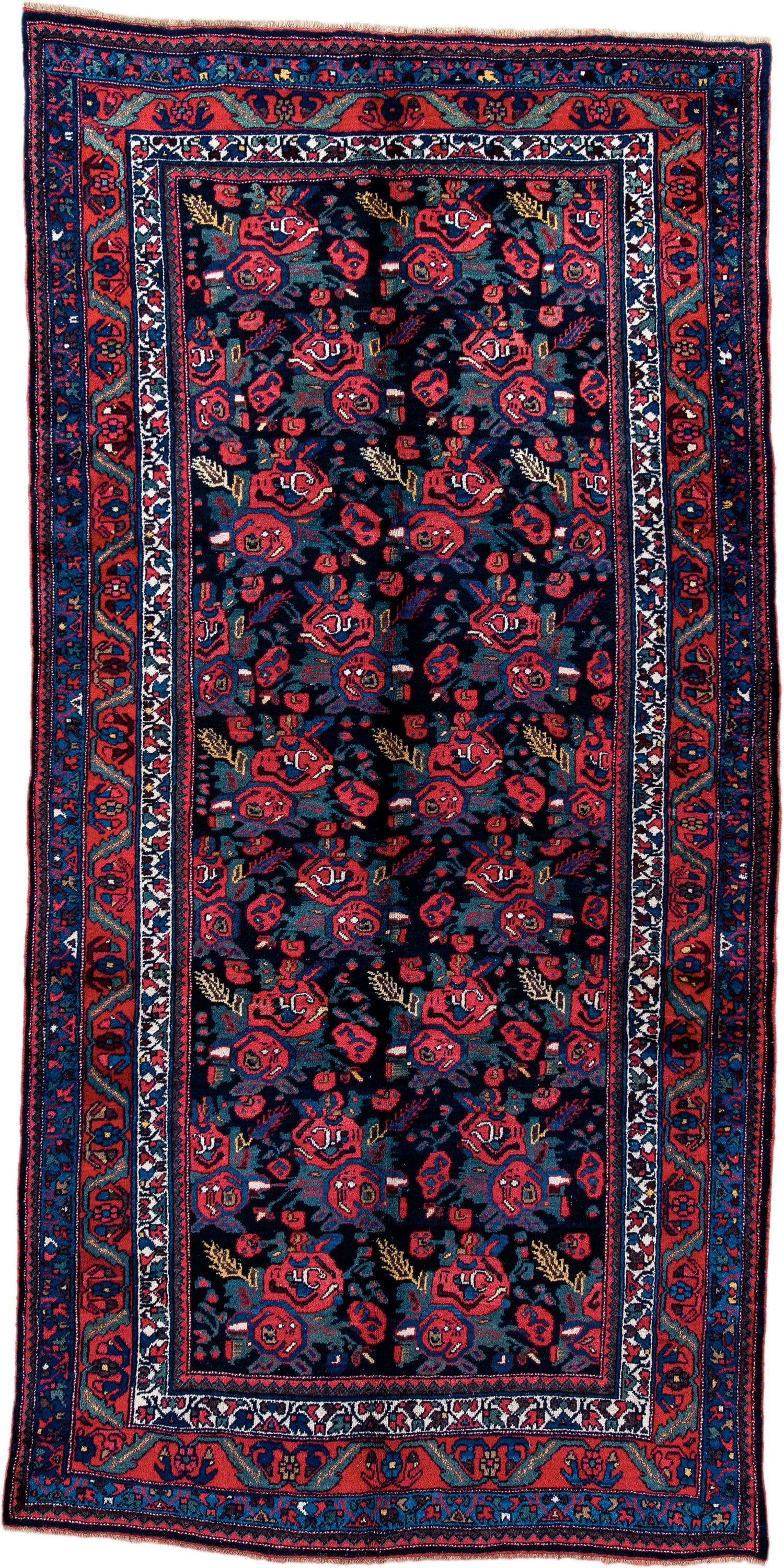 5' x 10' one-of-a-kind handmade antique Bidjar medium size rug. Color palette: navy, red, ivory, cobalt, rose, teal, gold