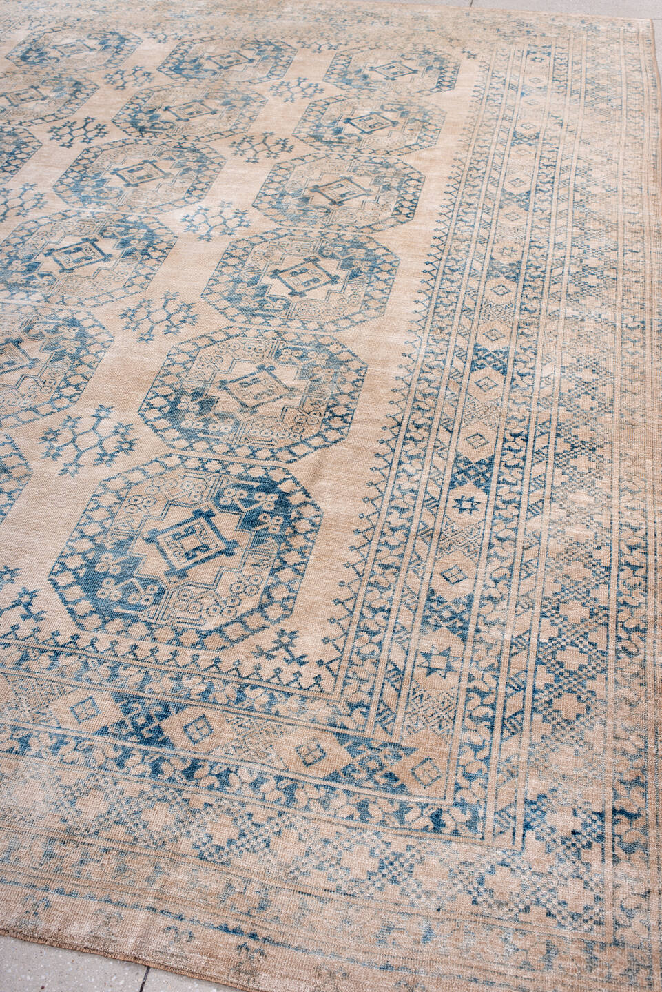 9' x 11' one-of-a-kind handmade antique Afghan large size rug. Color palette: ivory, sky blue, beige, powder blue, taupe