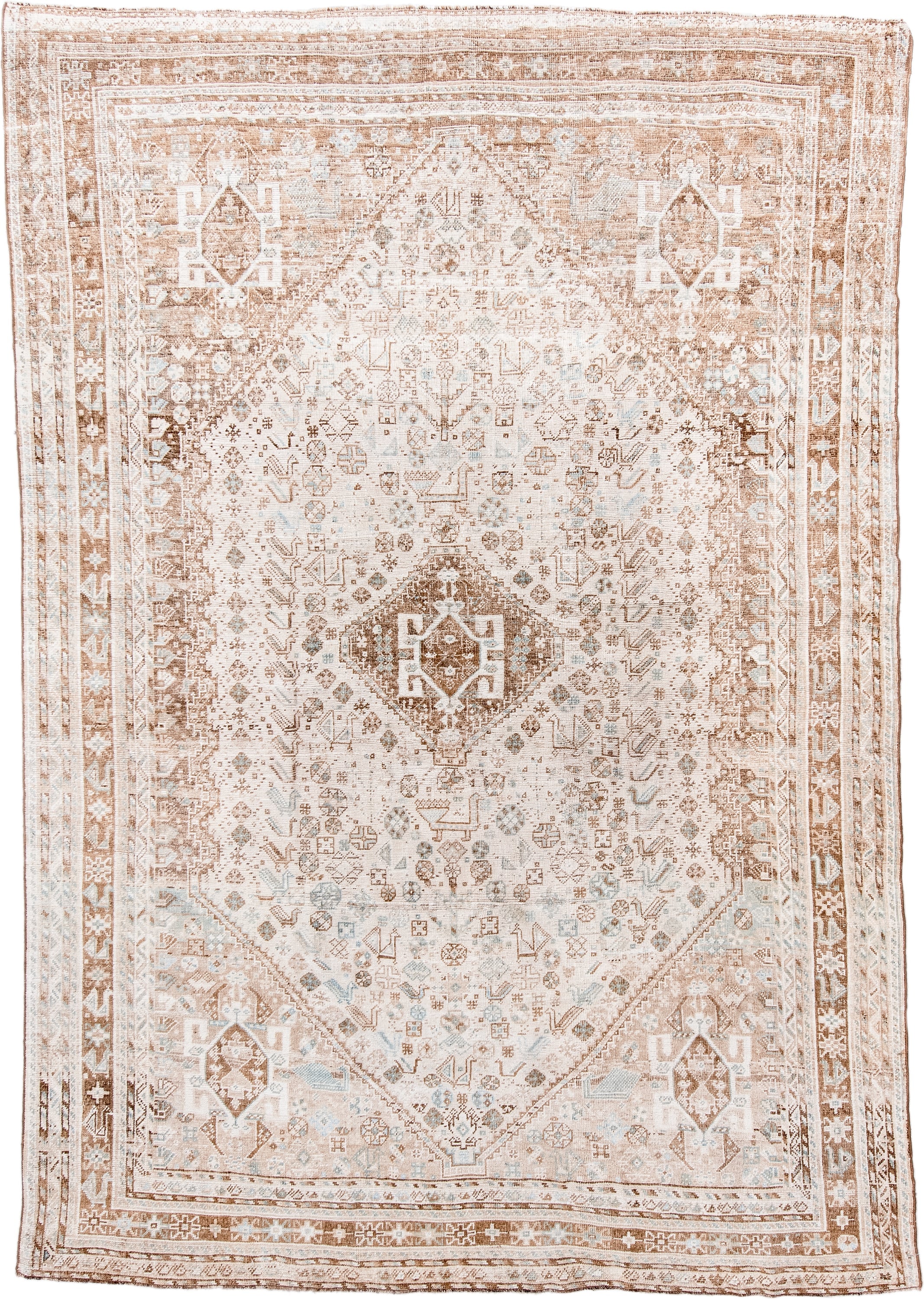 6' x 10' one-of-a-kind handmade antique Shiraz large size rug. Color palette: ivory, camel, taupe, pale blue, cream, sand