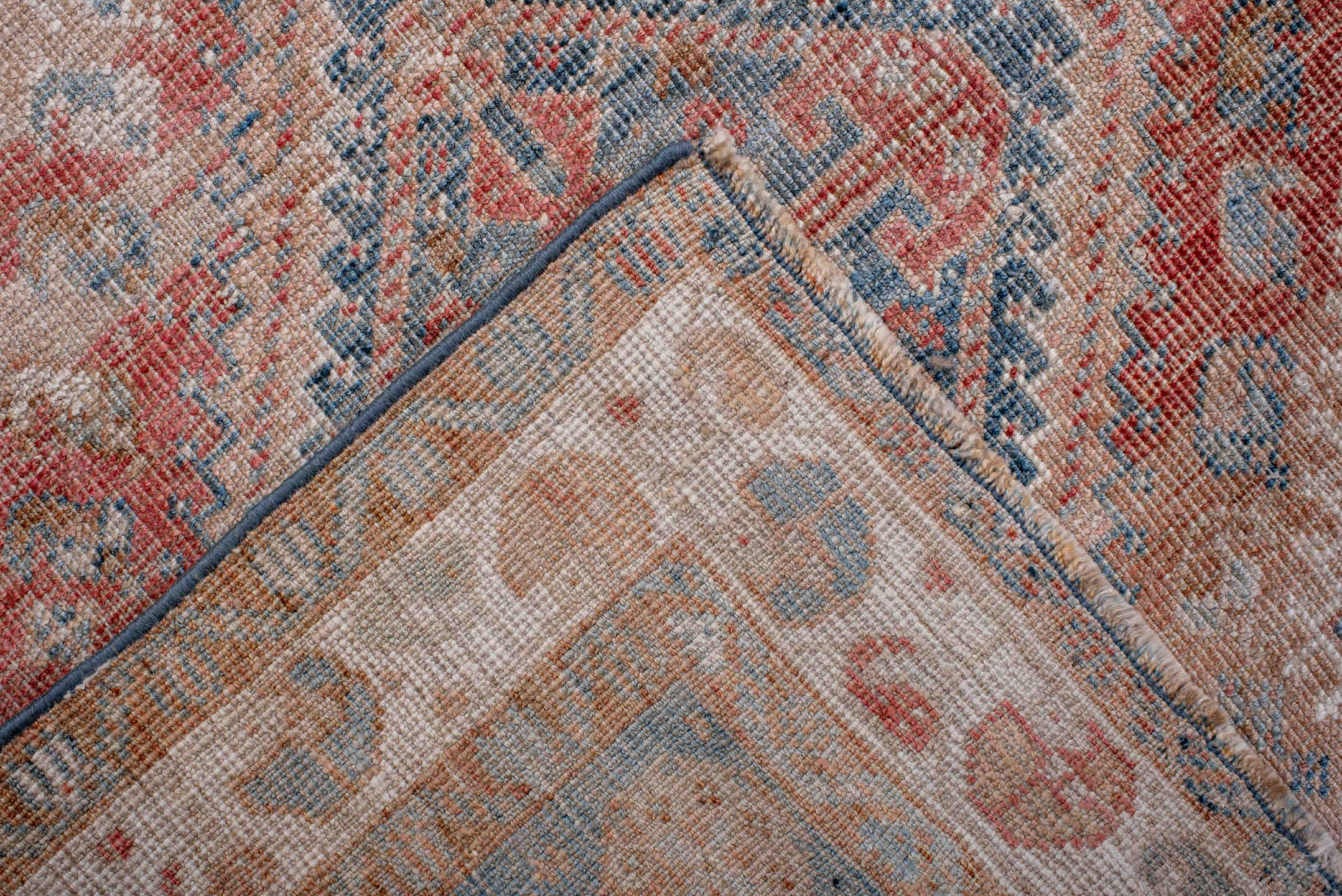 2' x 4' one-of-a-kind handmade antique Shiraz small size rug. Color palette: ivory, sky blue, coral, peach, faded red, beige