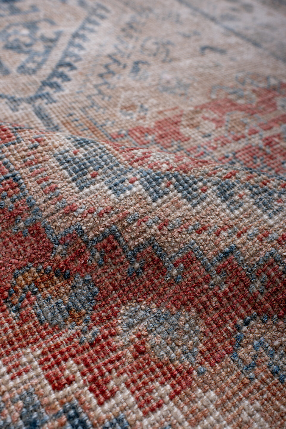 2' x 4' one-of-a-kind handmade antique Shiraz small size rug. Color palette: ivory, sky blue, coral, peach, faded red, beige