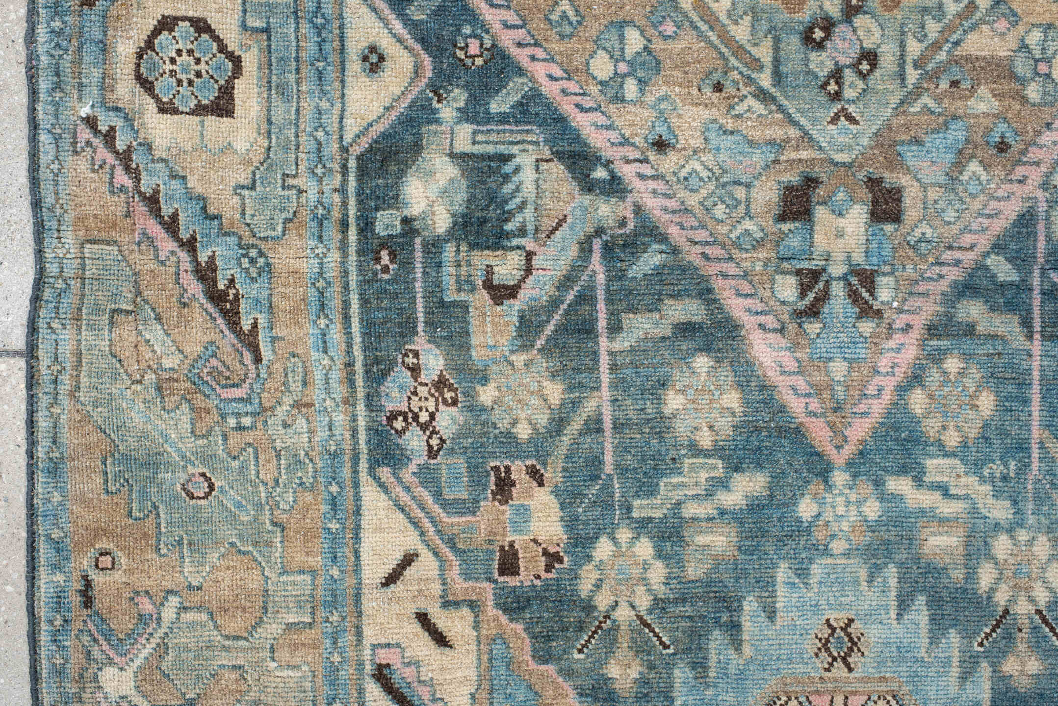 4' x 8' one-of-a-kind handmade vintage Malayer runner rug. Color palette: gray, brown, off-white, light gray, blue, black