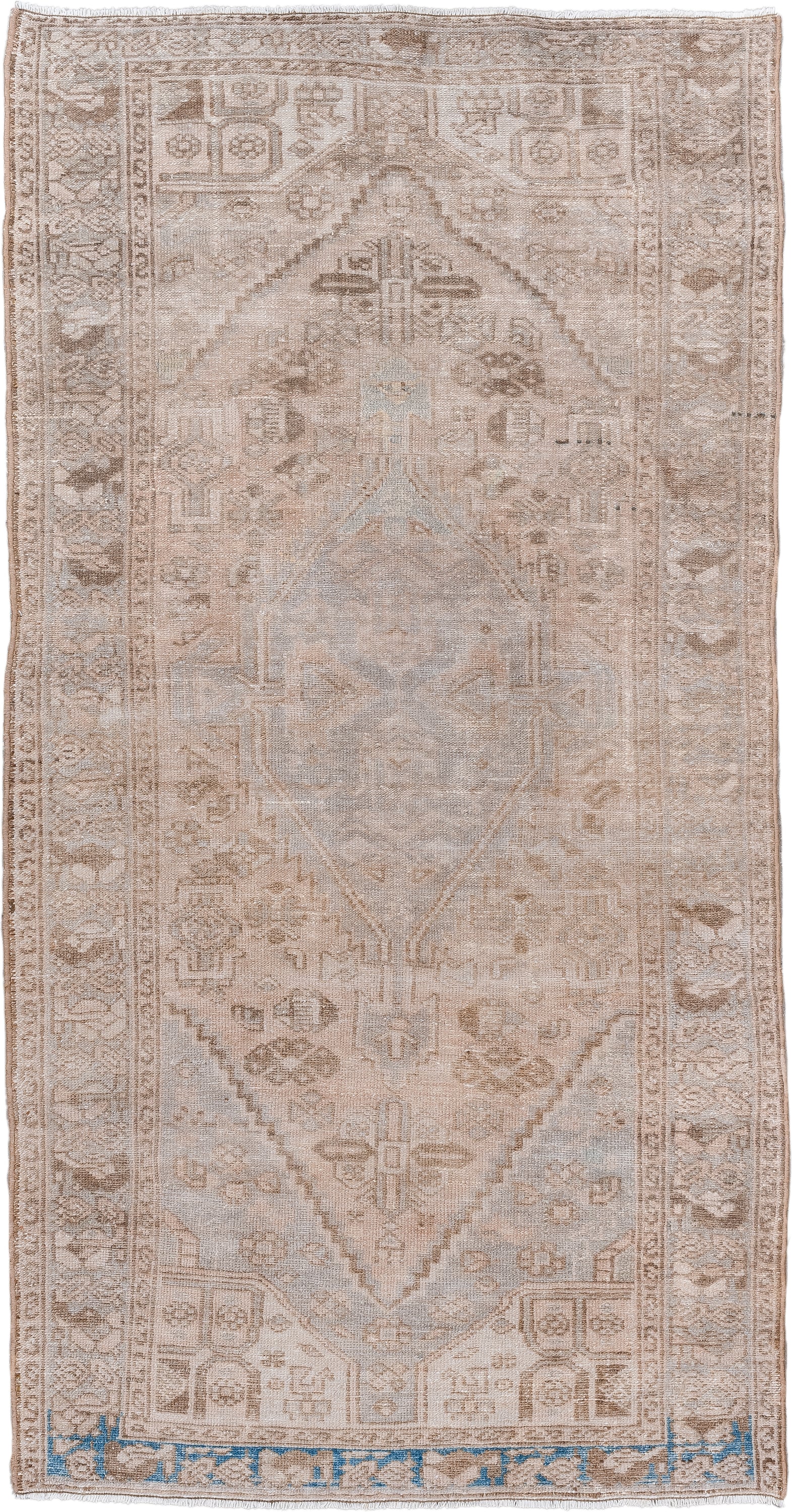 3' x 6' one-of-a-kind handmade vintage Hamadan rug. Color palette: ivory, taupe, sand, pale blue, beige, camel, gray