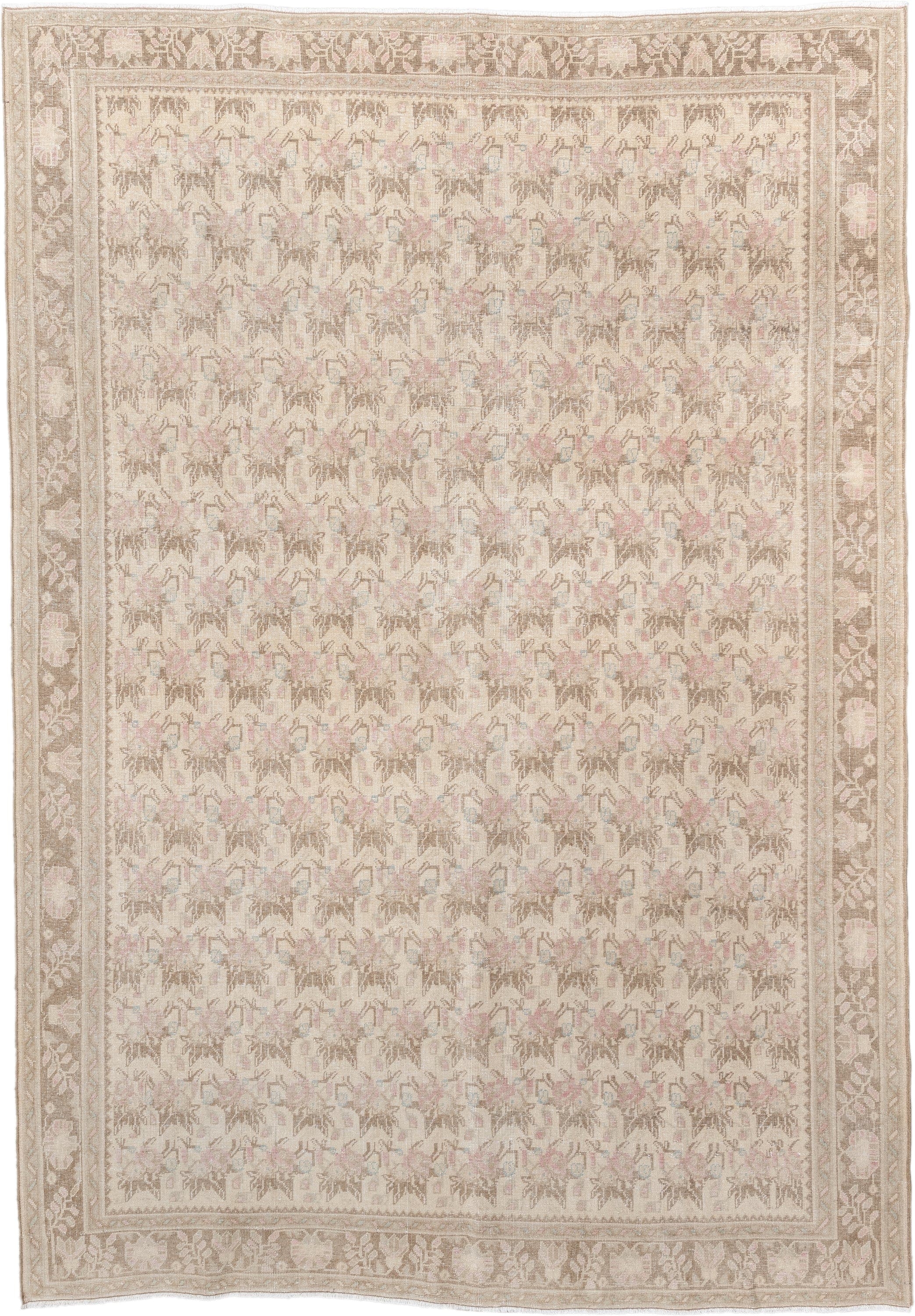 6' x 9' one-of-a-kind handmade vintage Afshar large size rug. Color palette: ivory, taupe, beige, blush, pale blue, sand