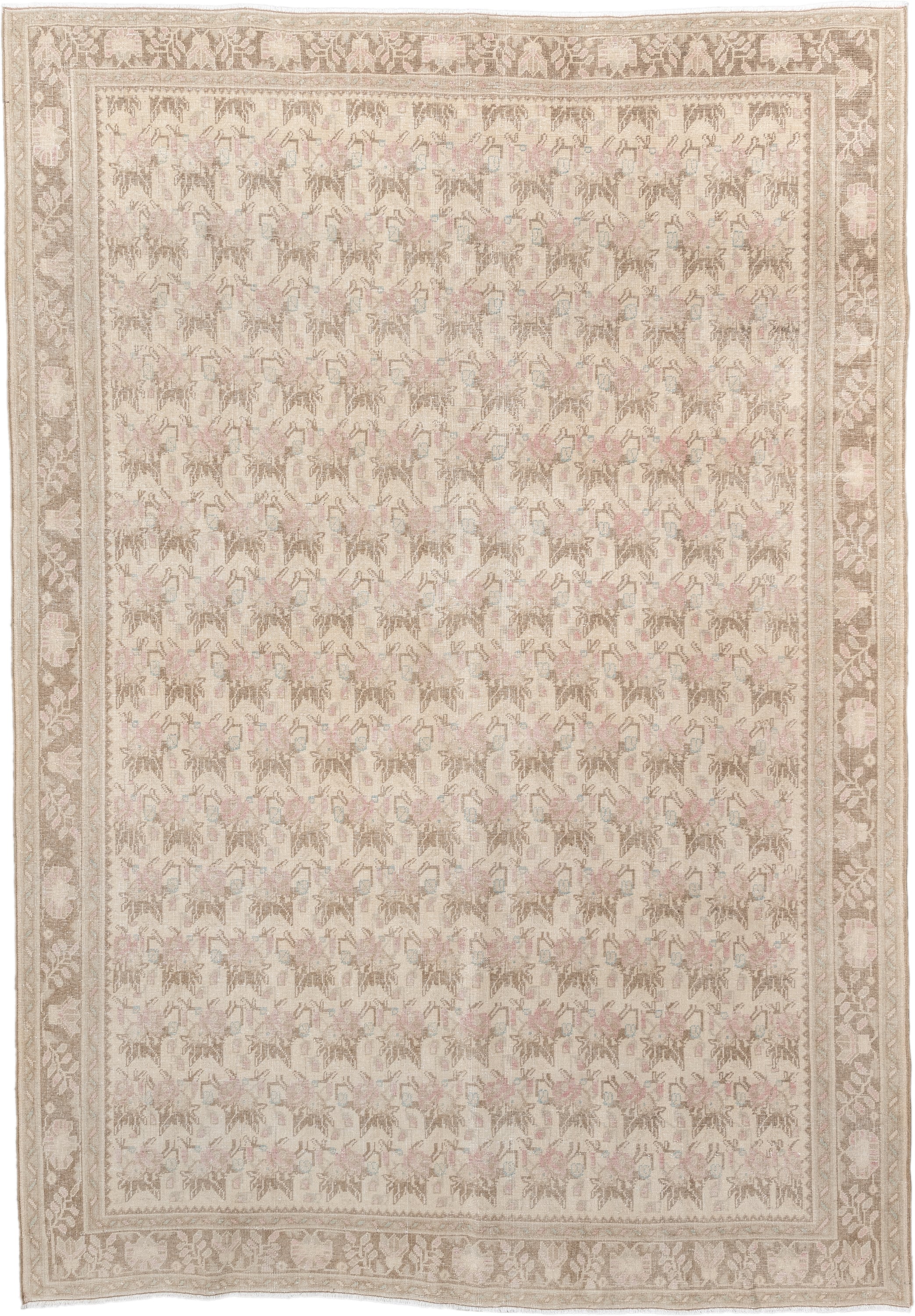 6' x 9' one-of-a-kind handmade vintage Afshar large size rug. Color palette: ivory, taupe, beige, blush, pale blue, sand