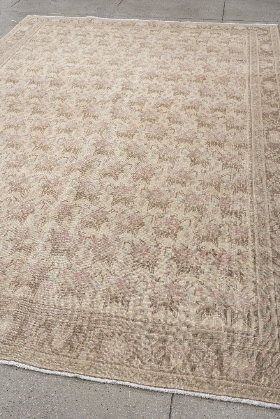 6' x 9' one-of-a-kind handmade vintage Afshar large size rug. Color palette: ivory, taupe, beige, blush, pale blue, sand