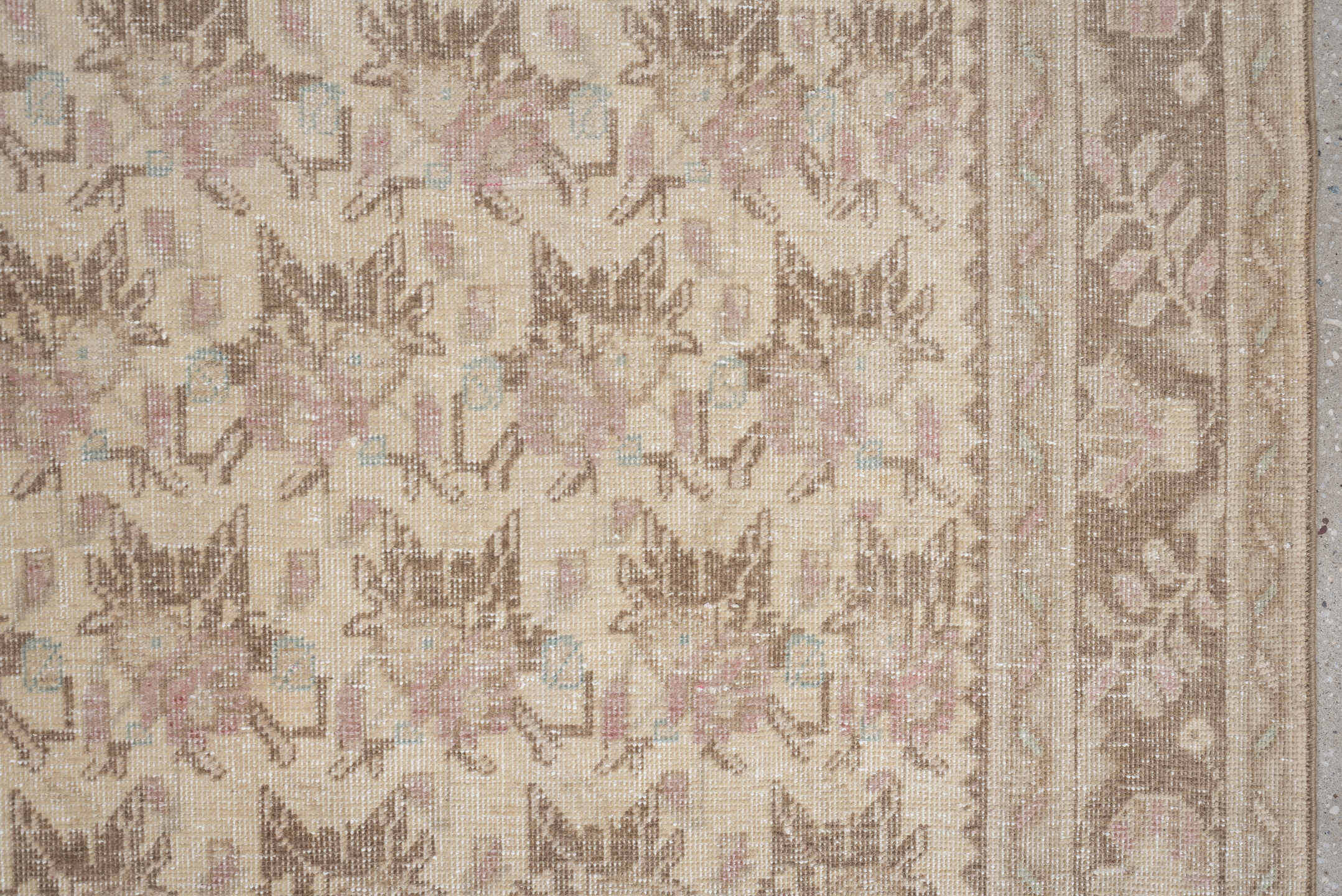 6' x 9' one-of-a-kind handmade vintage Afshar large size rug. Color palette: ivory, taupe, beige, blush, pale blue, sand