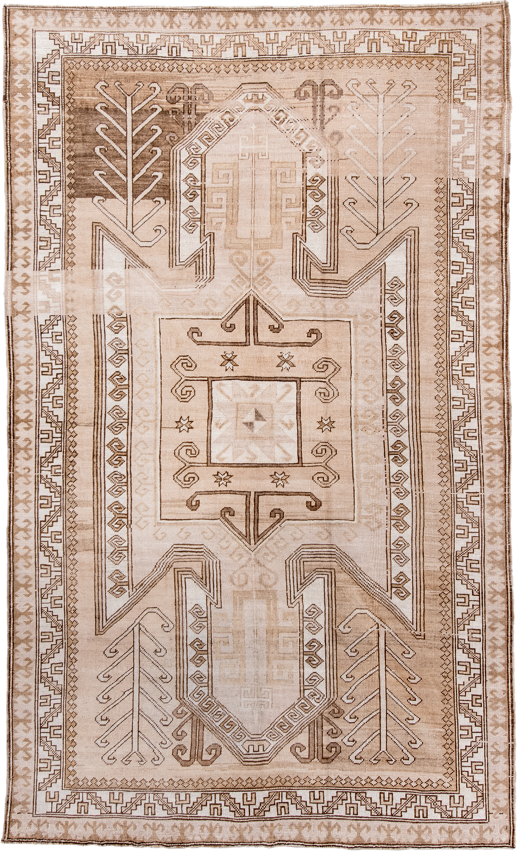 6' x 10' one-of-a-kind handmade antique Kars large size rug. Color palette: ivory, beige, taupe, camel, brown, blush, gray