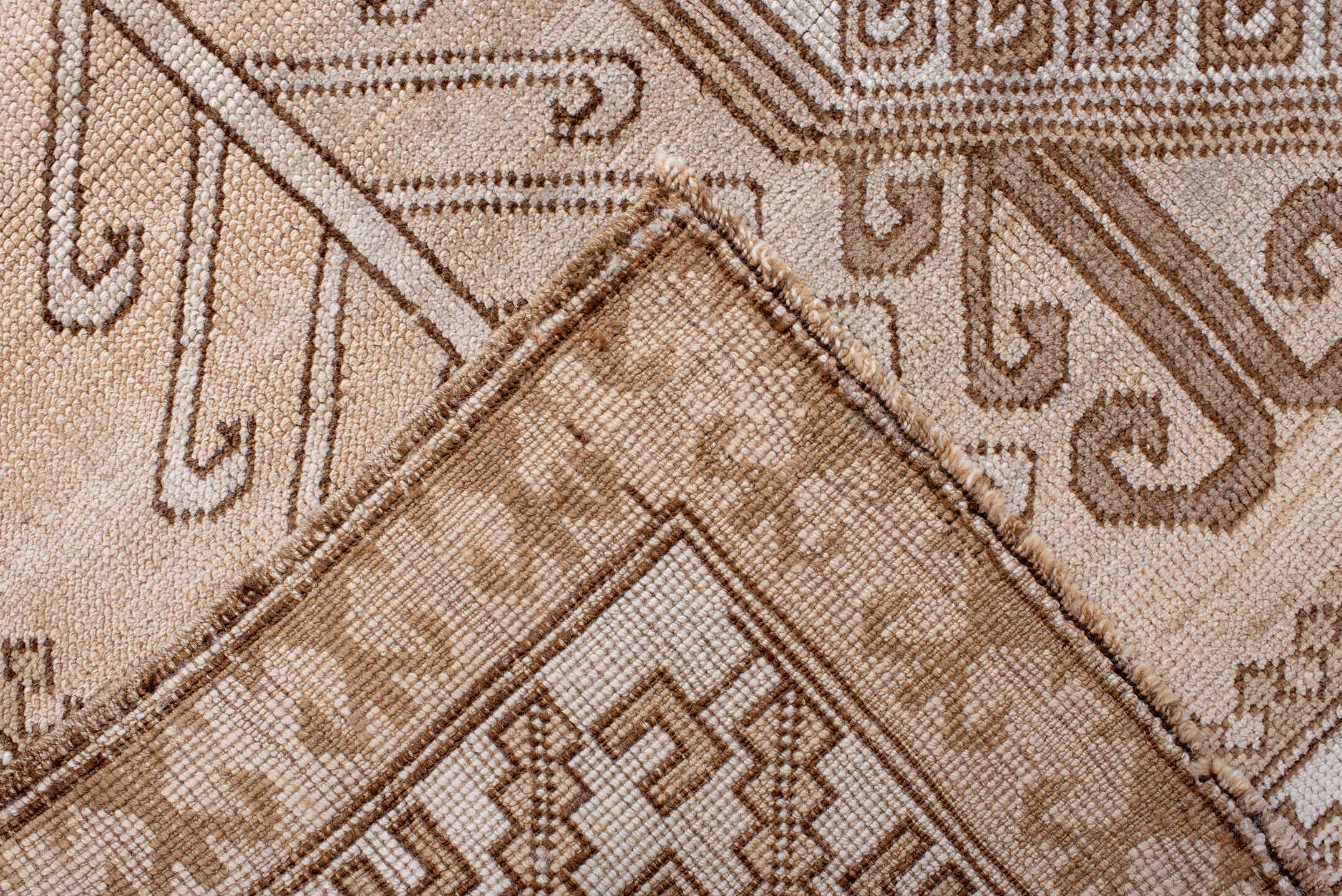 6' x 10' one-of-a-kind handmade antique Kars large size rug. Color palette: ivory, beige, taupe, camel, brown, blush, gray