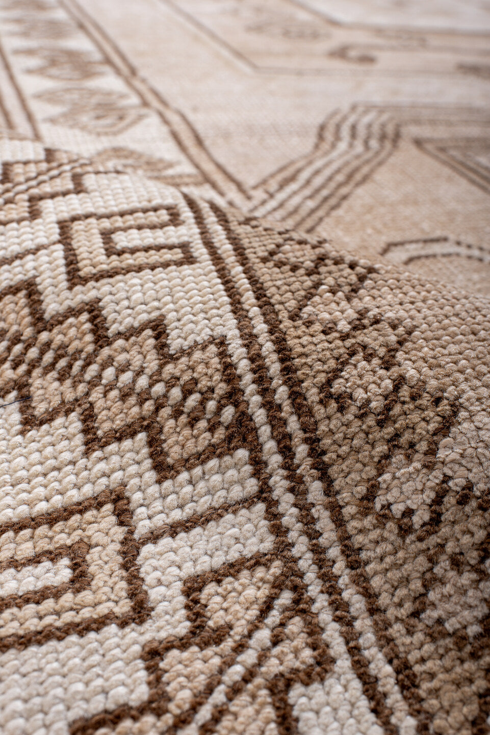 6' x 10' one-of-a-kind handmade antique Kars large size rug. Color palette: ivory, beige, taupe, camel, brown, blush, gray