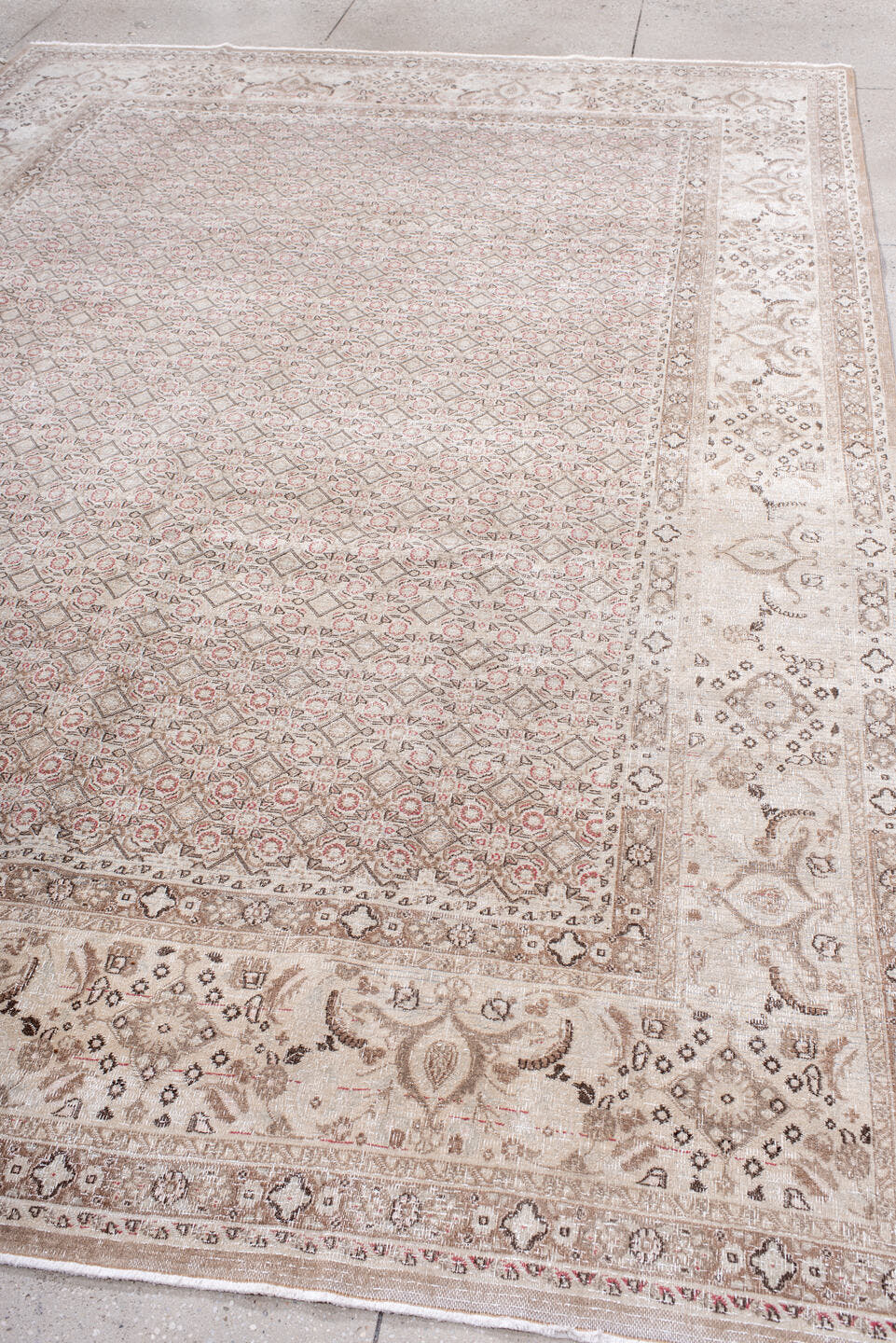 8' x 11' one-of-a-kind handmade antique Tabriz large size rug. Color palette: ivory, taupe, rose, brown, beige, camel, gray