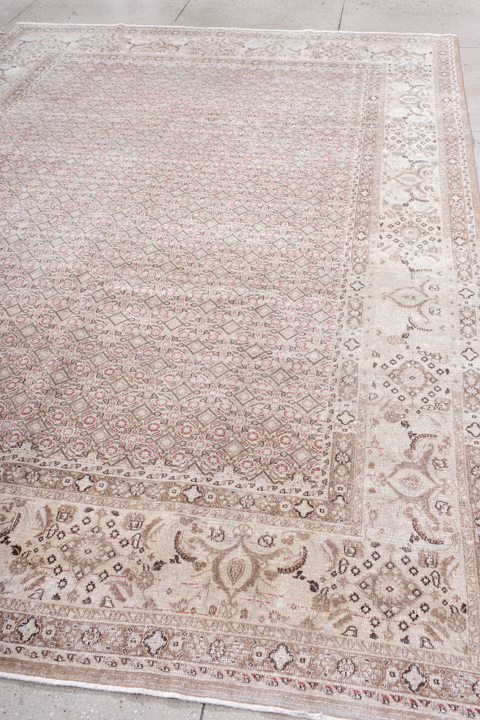 8' x 11' one-of-a-kind handmade antique Tabriz large size rug. Color palette: ivory, taupe, rose, brown, beige, camel, gray