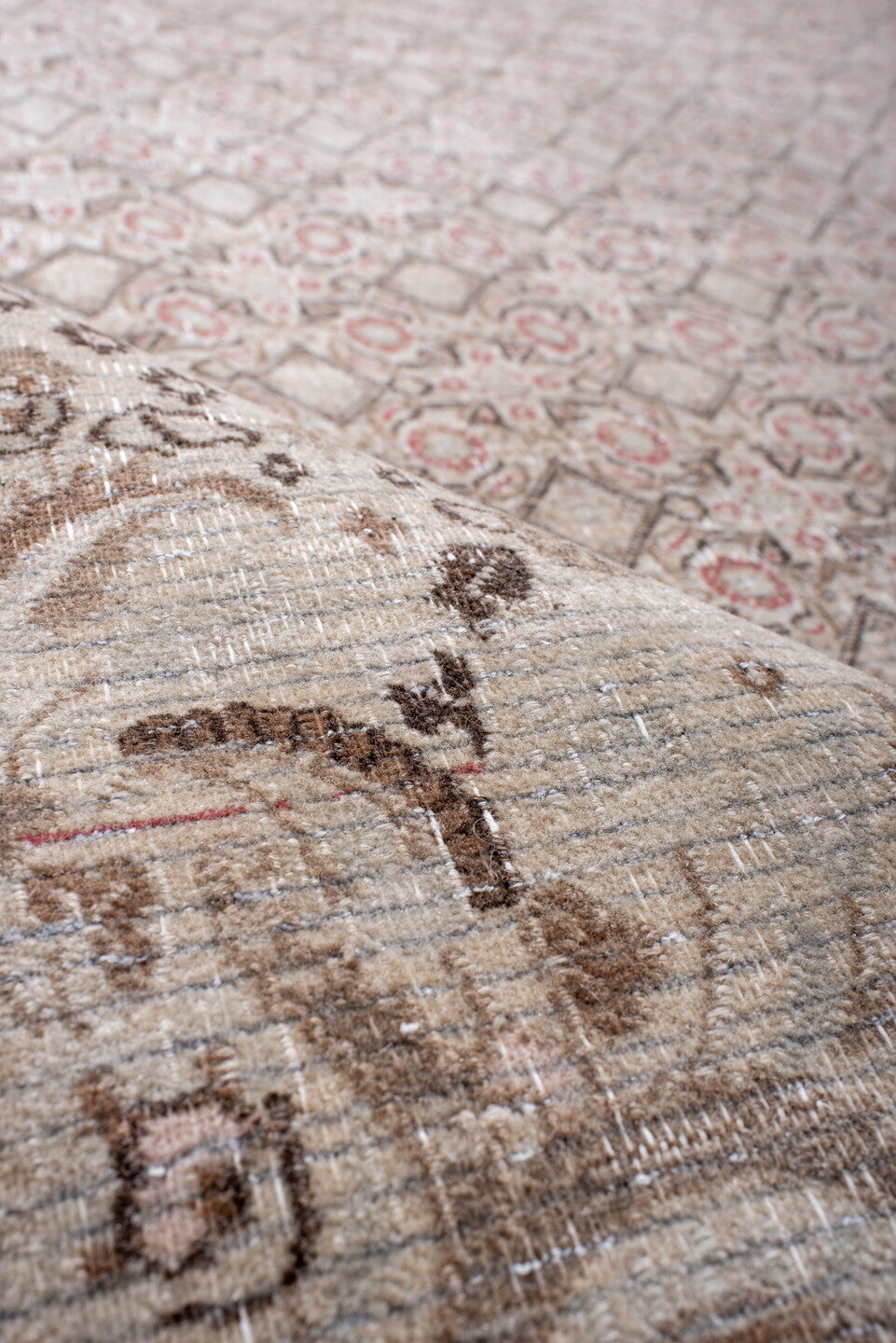 8' x 11' one-of-a-kind handmade antique Tabriz large size rug. Color palette: ivory, taupe, rose, brown, beige, camel, gray
