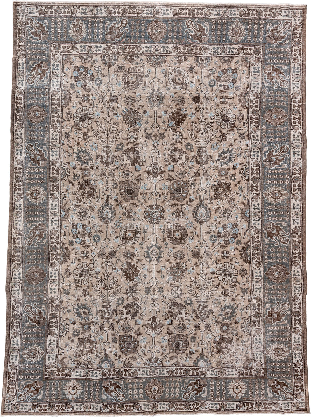 8' x 12' one-of-a-kind handmade vintage Tabriz large size rug. Color palette: beige, slate, brown, ivory, taupe, camel