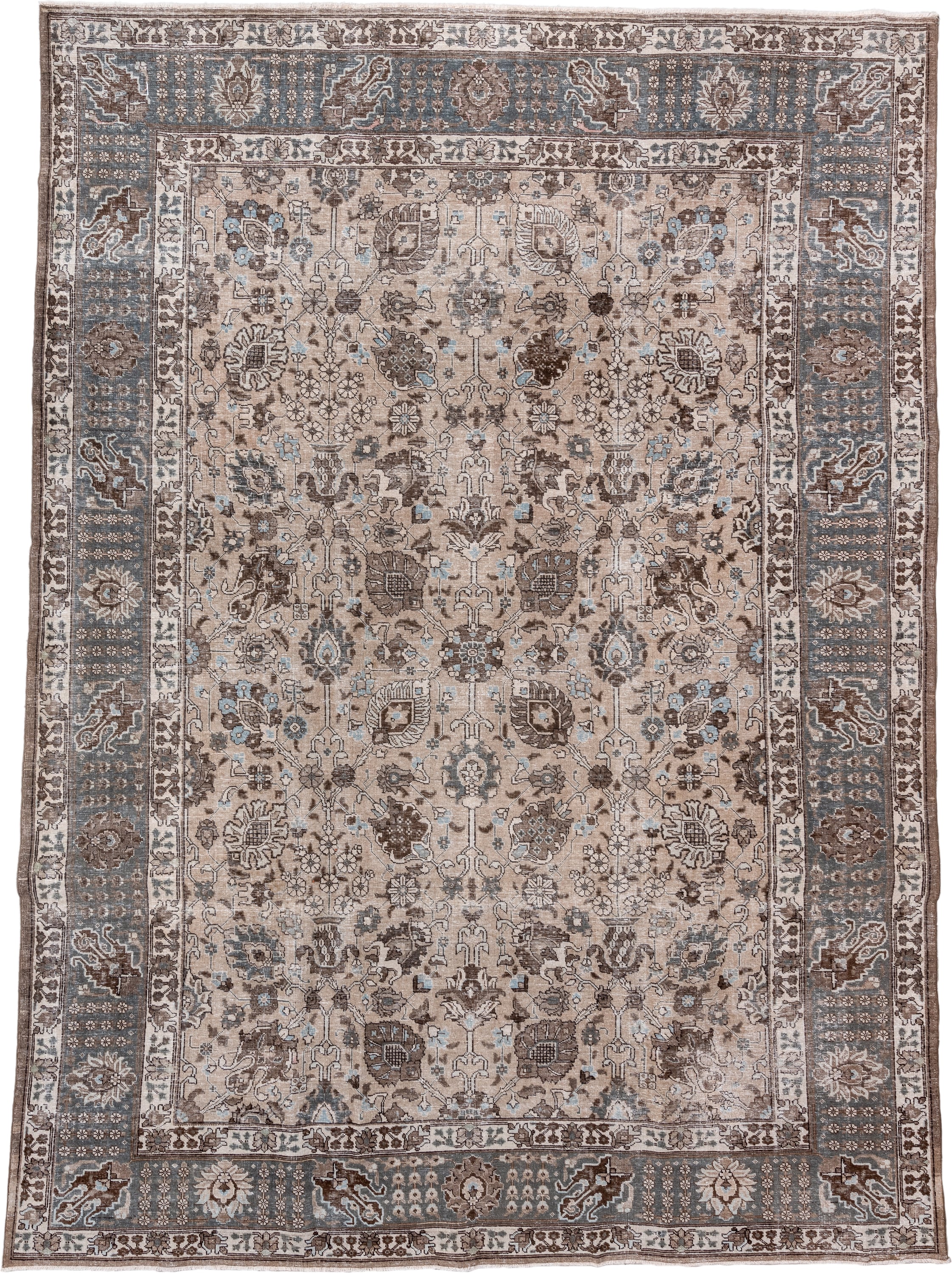 8' x 12' one-of-a-kind handmade vintage Tabriz large size rug. Color palette: beige, slate, brown, ivory, taupe, camel