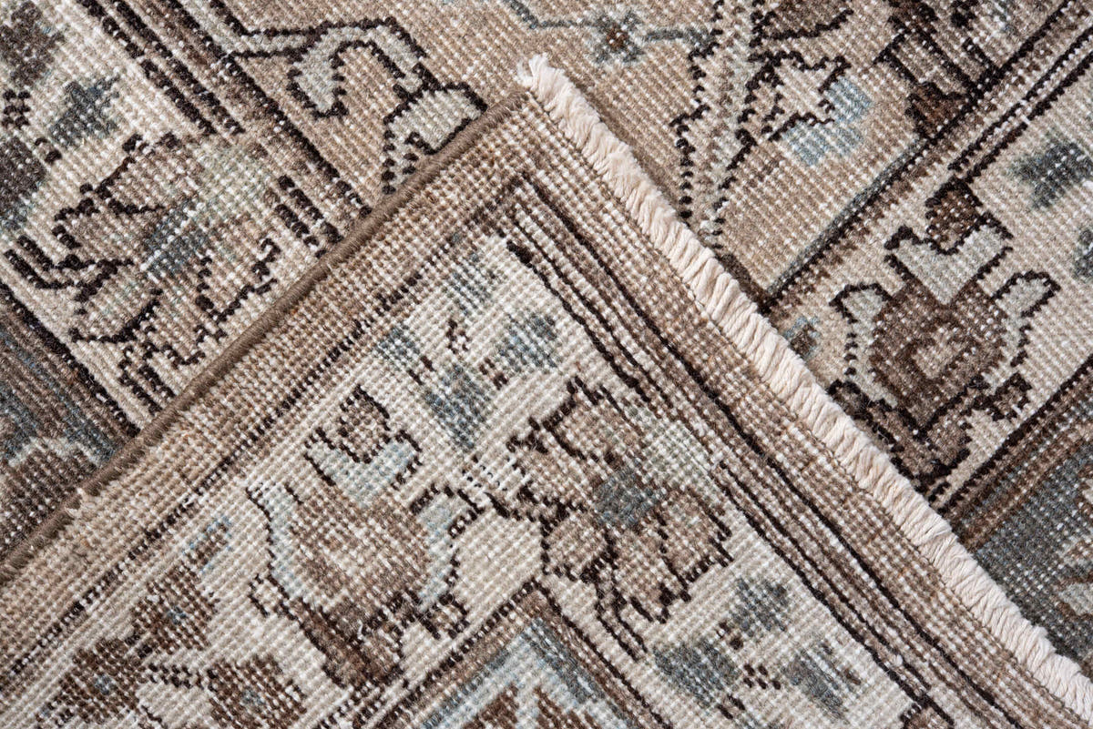 8' x 12' one-of-a-kind handmade vintage Tabriz large size rug. Color palette: beige, slate, brown, ivory, taupe, camel