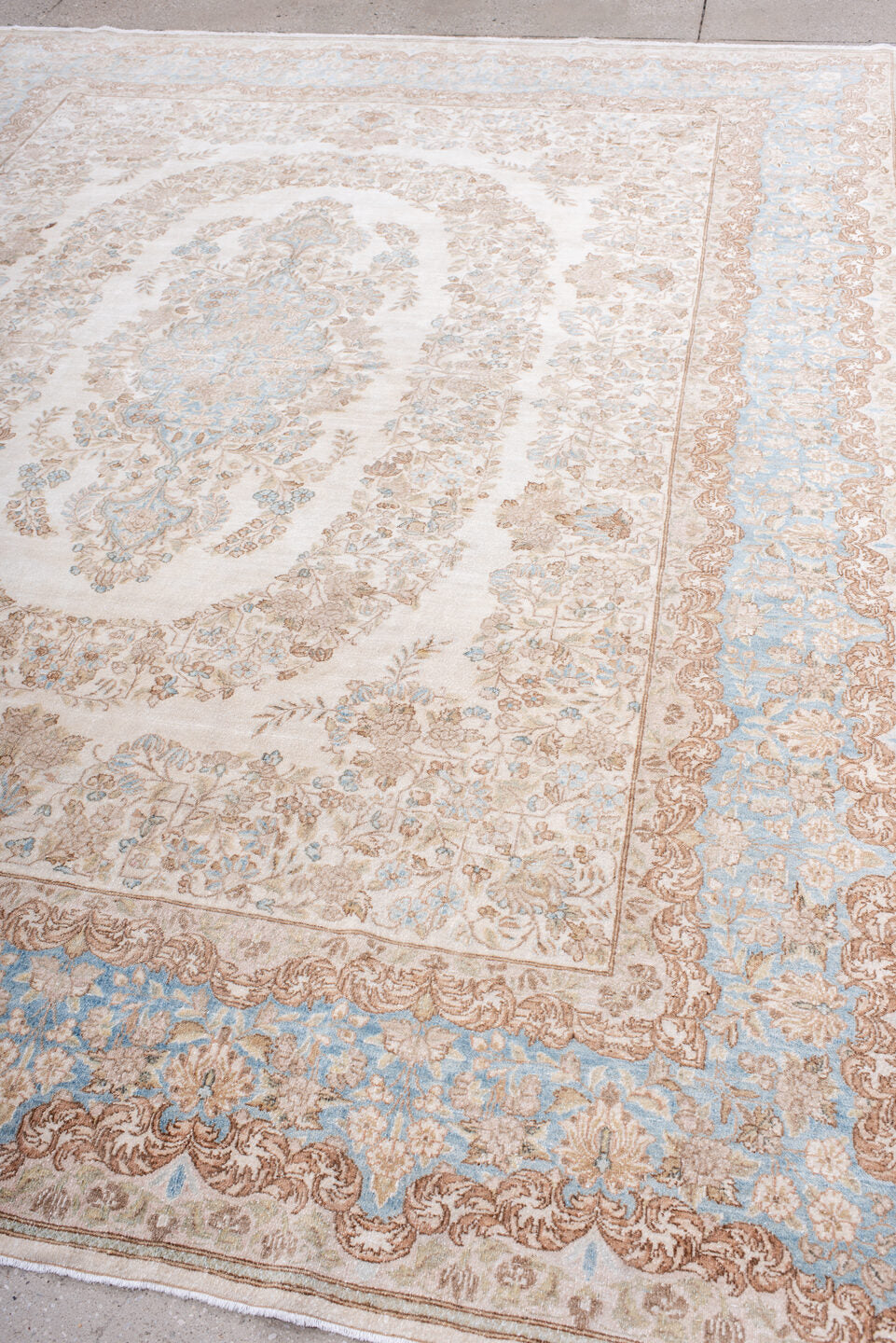 8' x 10' one-of-a-kind handmade antique Kerman large size rug. Color palette: ivory, pale blue, beige, taupe, cream