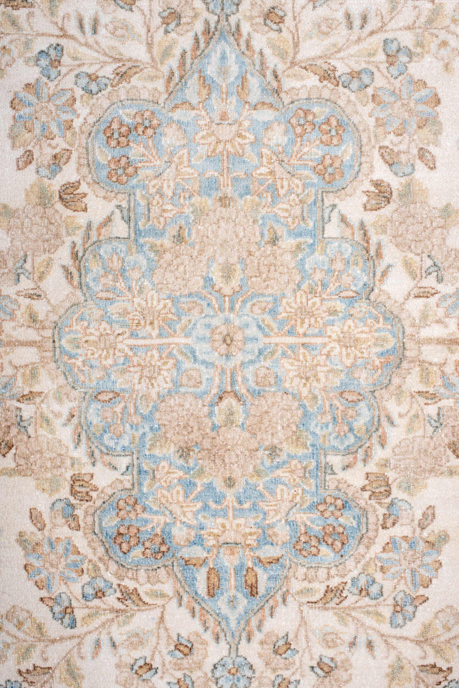 8' x 10' one-of-a-kind handmade antique Kerman large size rug. Color palette: ivory, pale blue, beige, taupe, cream