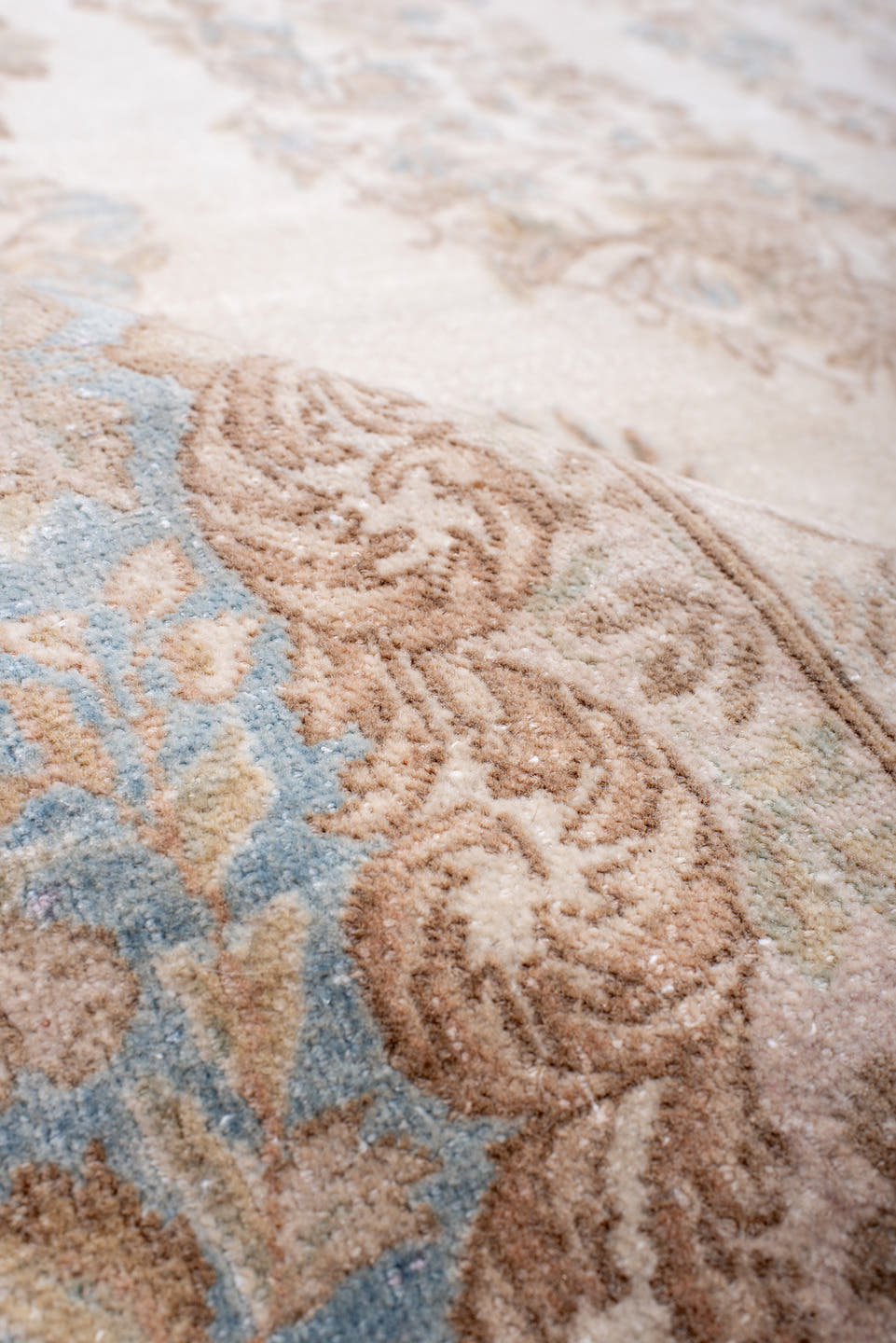 8' x 10' one-of-a-kind handmade antique Kerman large size rug. Color palette: ivory, pale blue, beige, taupe, cream