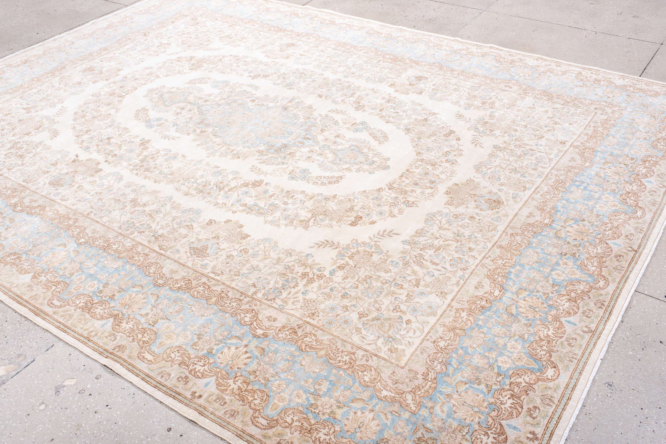 8' x 10' one-of-a-kind handmade antique Kerman large size rug. Color palette: ivory, pale blue, beige, taupe, cream
