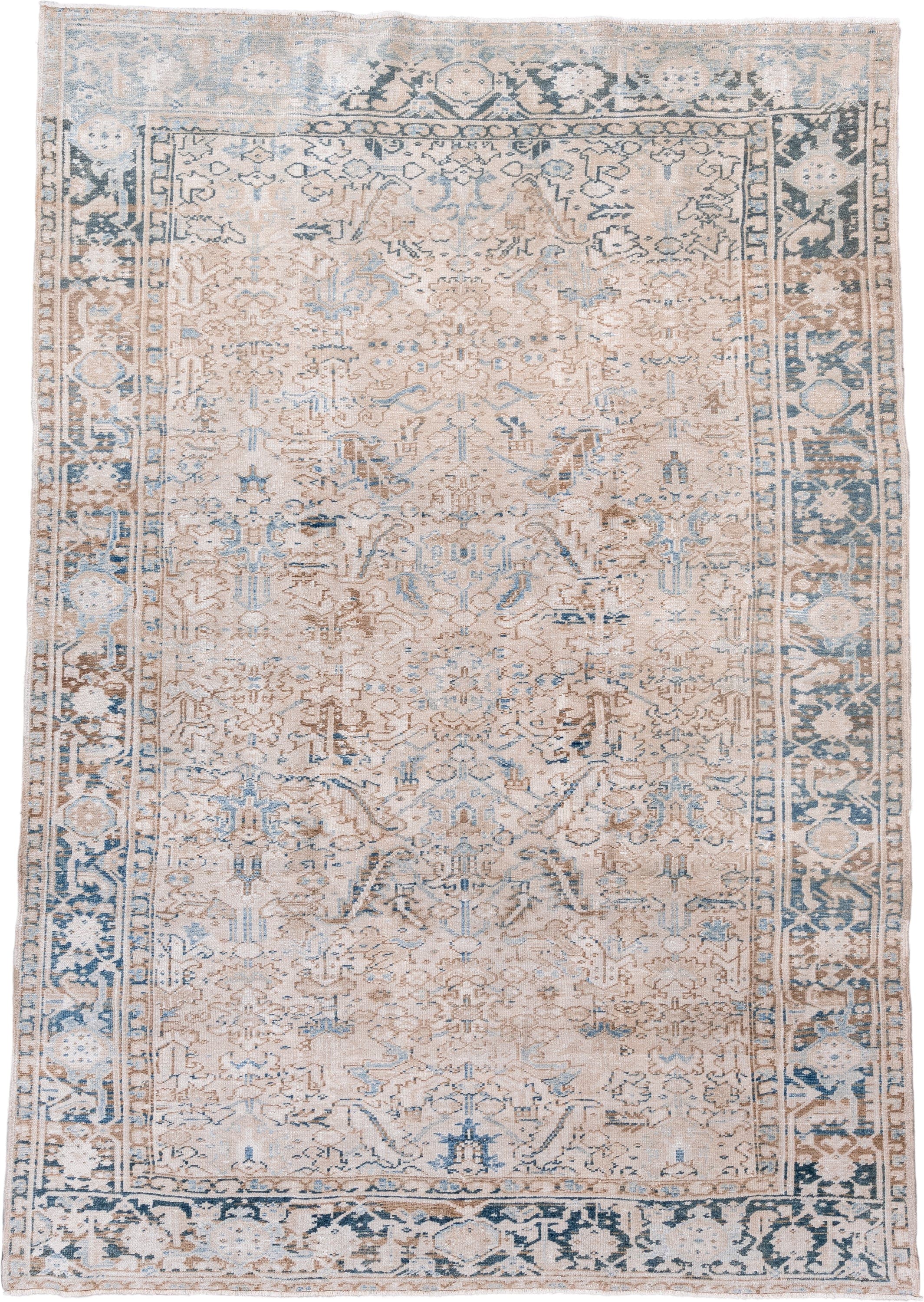 7' x 10' one-of-a-kind handmade vintage Heriz large size rug. Color palette: ivory, sky blue, taupe, slate, beige, charcoal