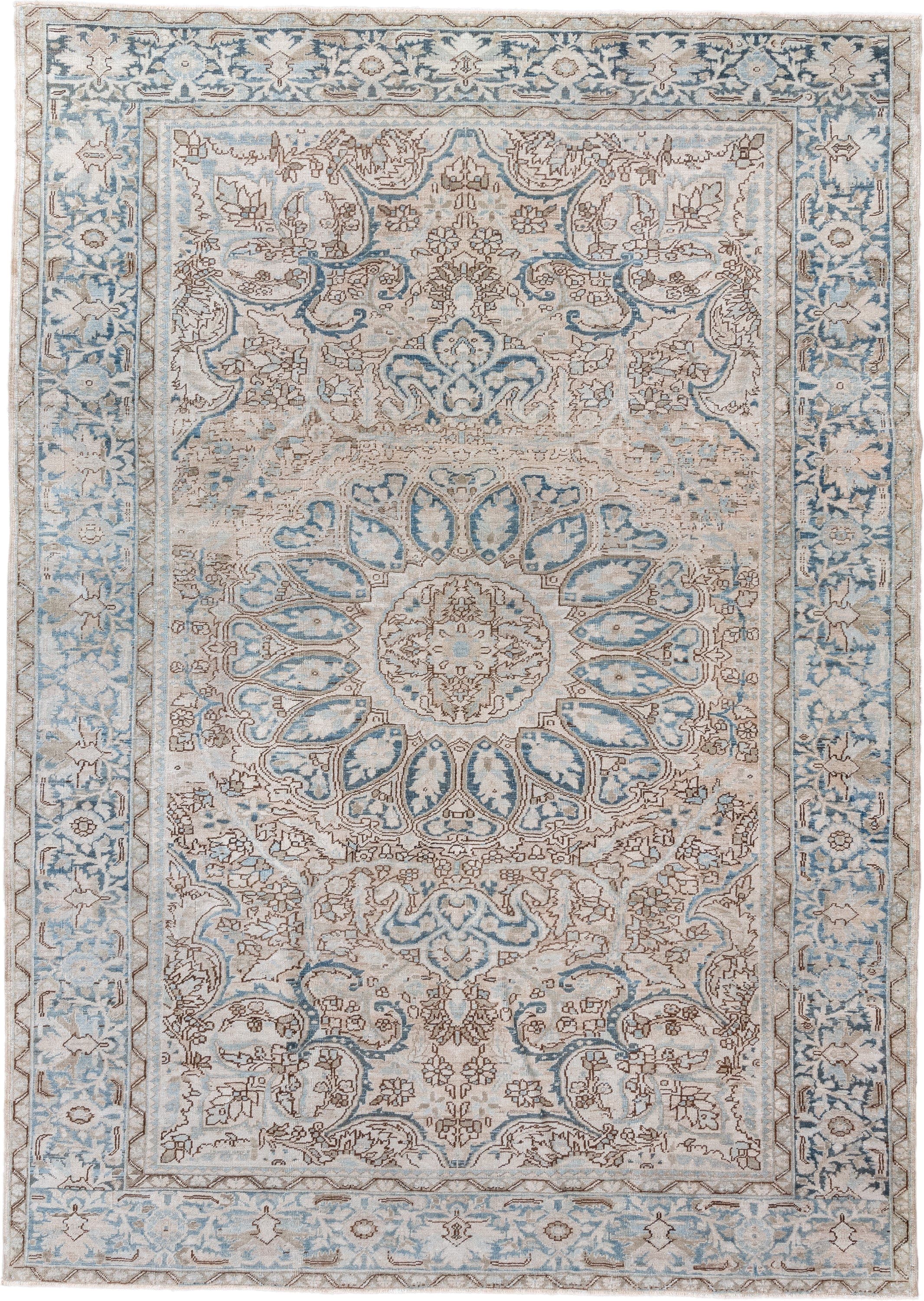 8' x 11' one-of-a-kind handmade vintage Heriz large size rug. Color palette: ivory, powder blue, taupe, beige, light gray