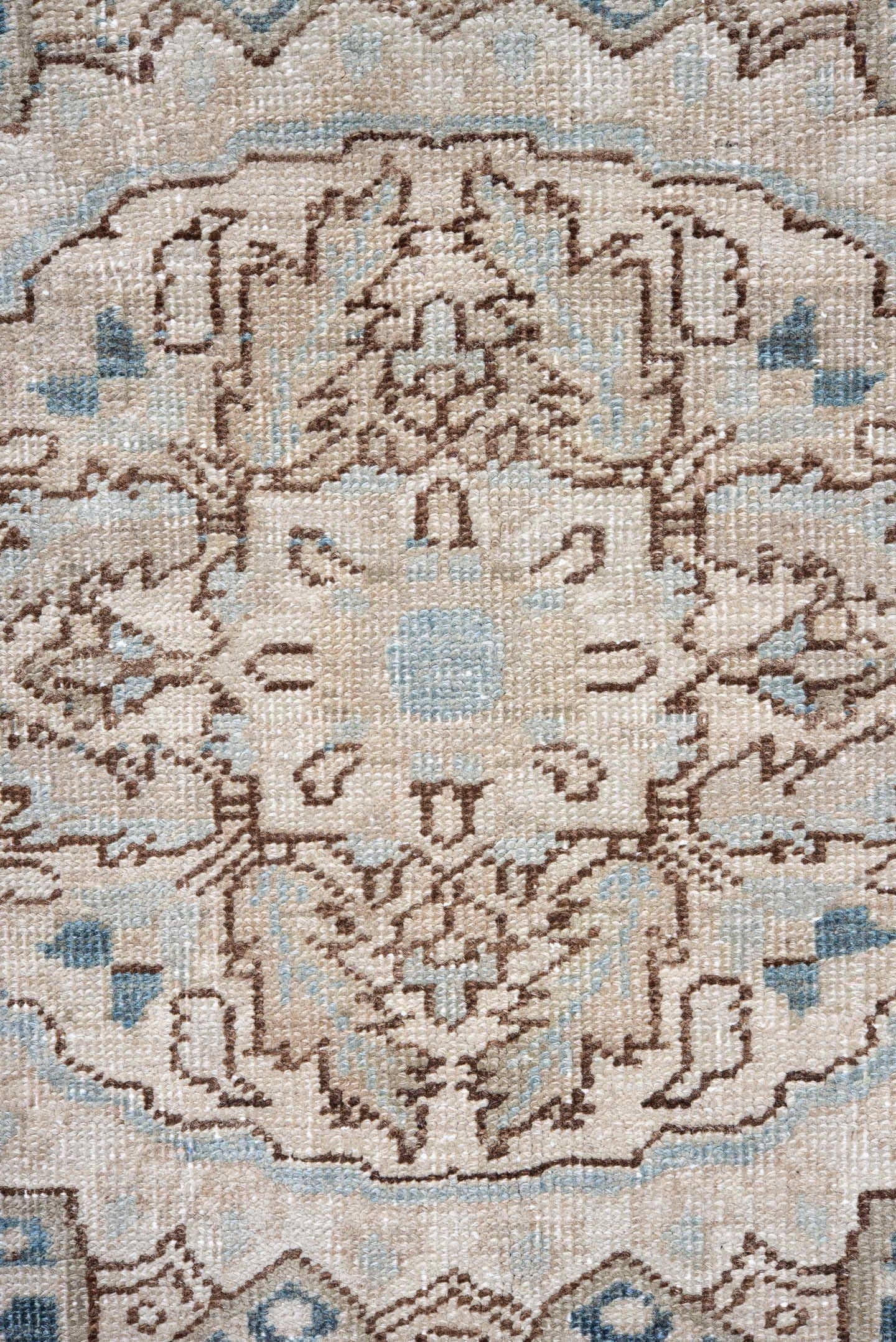8' x 11' one-of-a-kind handmade vintage Heriz large size rug. Color palette: ivory, powder blue, taupe, beige, light gray