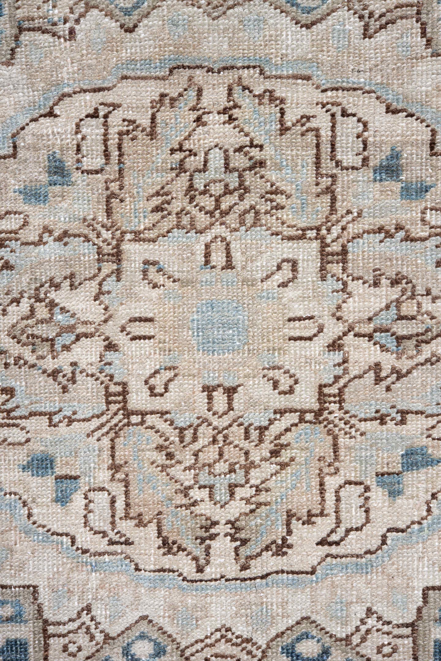 8' x 11' one-of-a-kind handmade vintage Heriz large size rug. Color palette: ivory, powder blue, taupe, beige, light gray