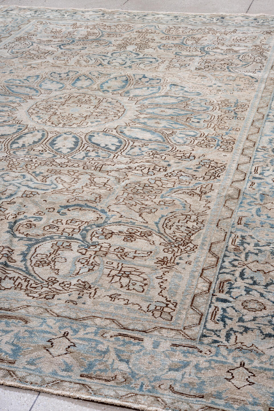 8' x 11' one-of-a-kind handmade vintage Heriz large size rug. Color palette: ivory, powder blue, taupe, beige, light gray