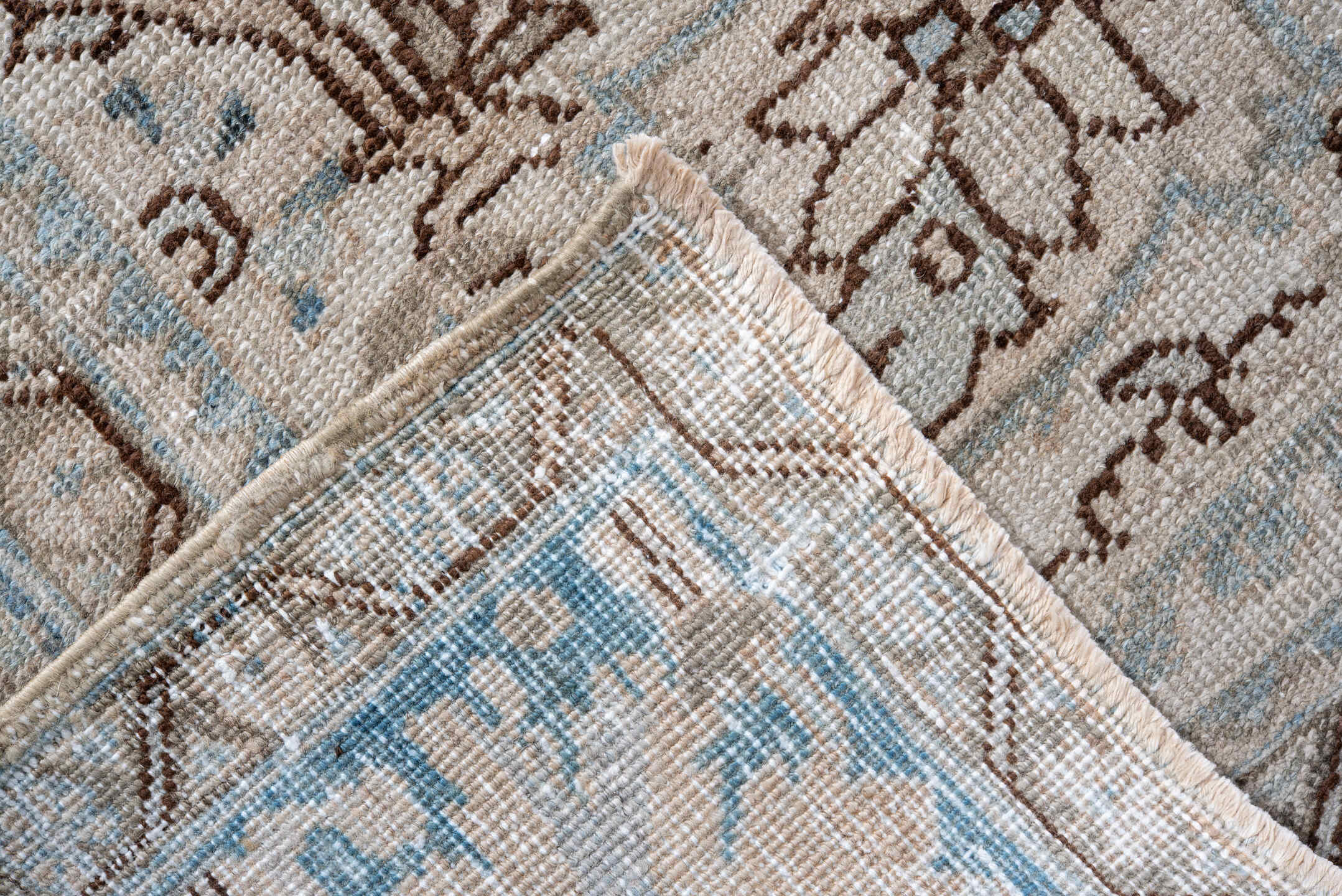8' x 11' one-of-a-kind handmade vintage Heriz large size rug. Color palette: ivory, powder blue, taupe, beige, light gray