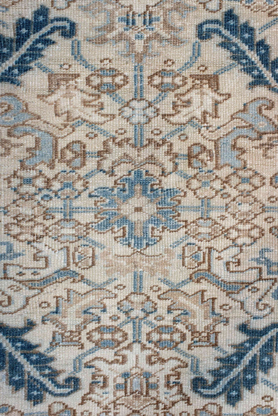 6' x 9' one-of-a-kind handmade antique Heriz rug. Color palette: ivory, sky blue, beige, navy, taupe, light blue, blue, gray