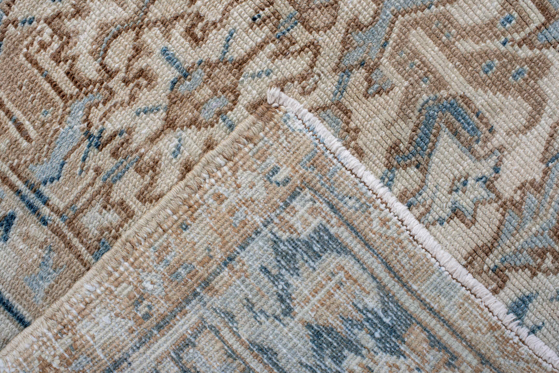 6' x 9' one-of-a-kind handmade antique Heriz rug. Color palette: ivory, sky blue, beige, navy, taupe, light blue, blue, gray