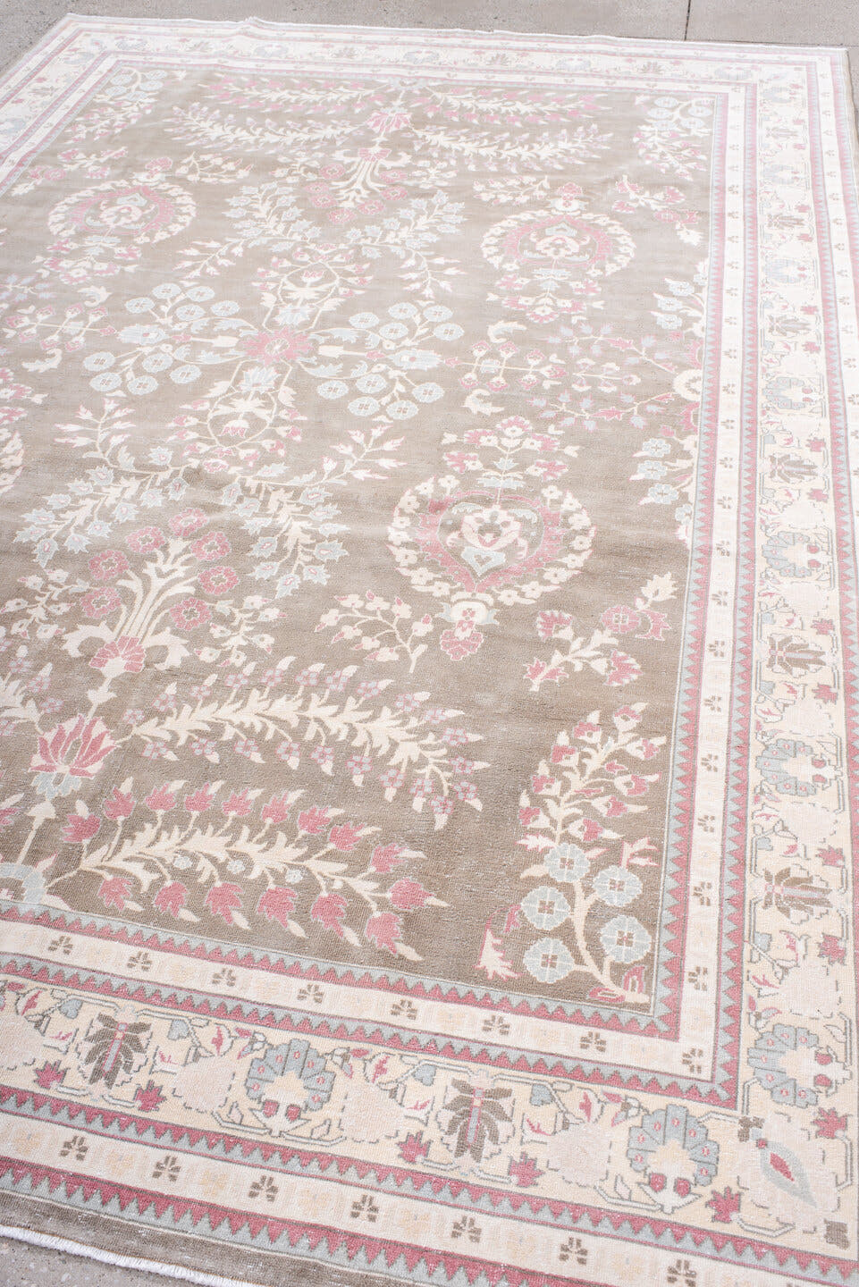 7' x 11' one-of-a-kind handmade antique Sivas large size rug. Color palette: taupe, ivory, rose, blush, pale blue, cream