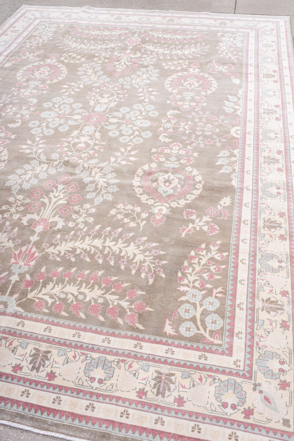 7' x 11' one-of-a-kind handmade antique Sivas large size rug. Color palette: taupe, ivory, rose, blush, pale blue, cream