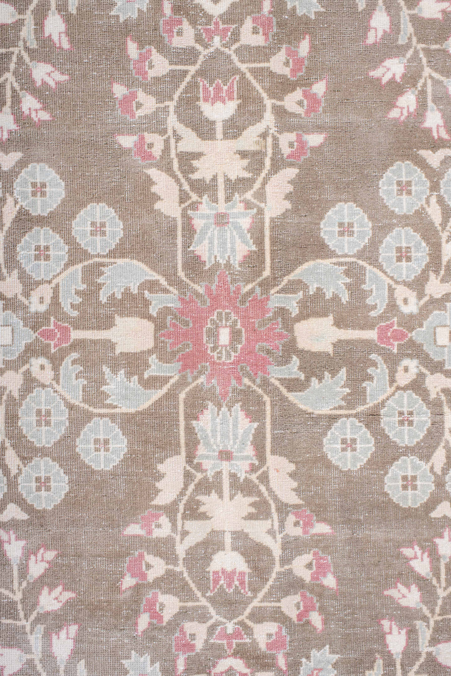 7' x 11' one-of-a-kind handmade antique Sivas large size rug. Color palette: taupe, ivory, rose, blush, pale blue, cream