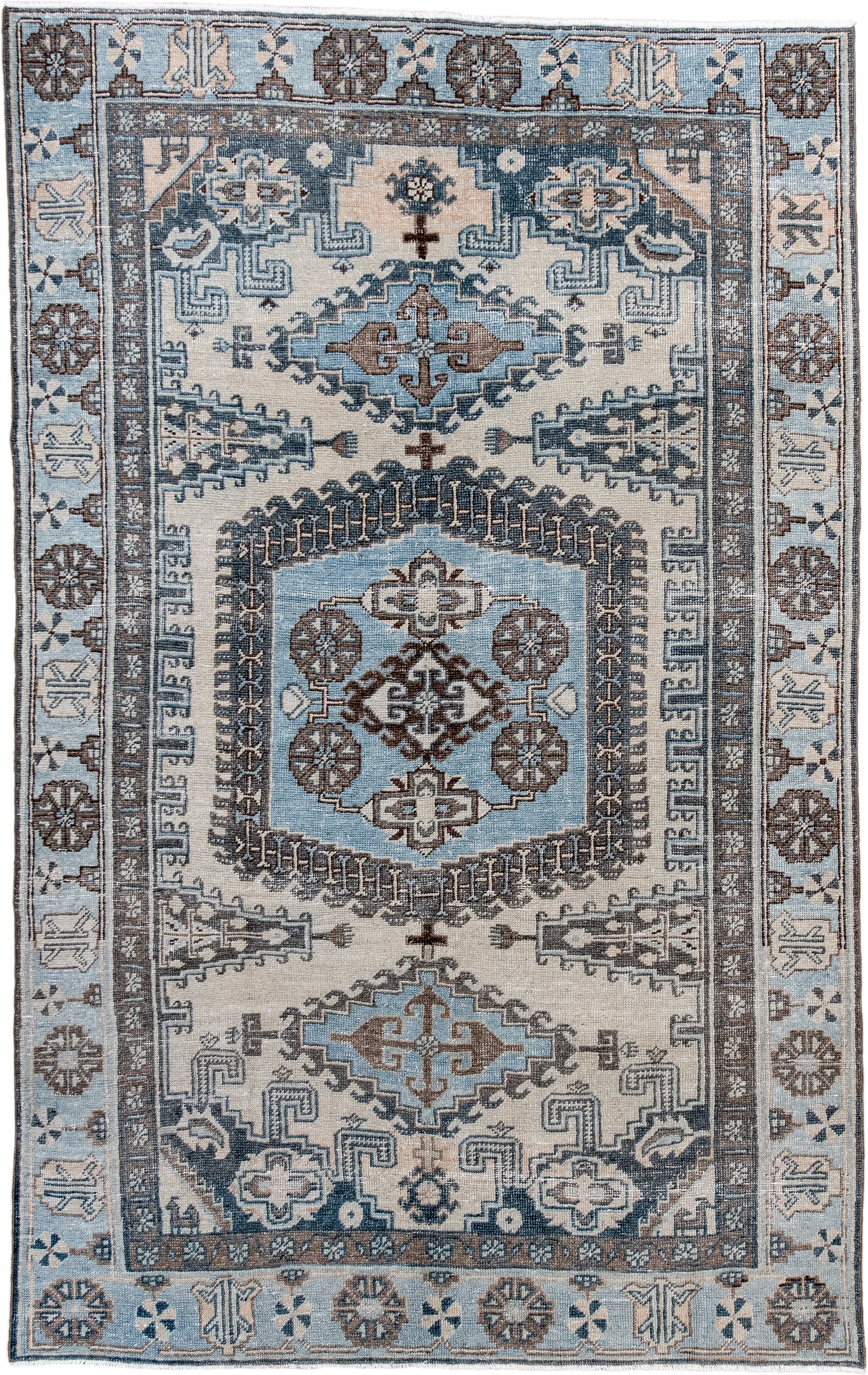 6' x 9' one-of-a-kind handmade antique Veece medium size rug. Color palette: ivory, sky blue, slate, taupe, brown, charcoal