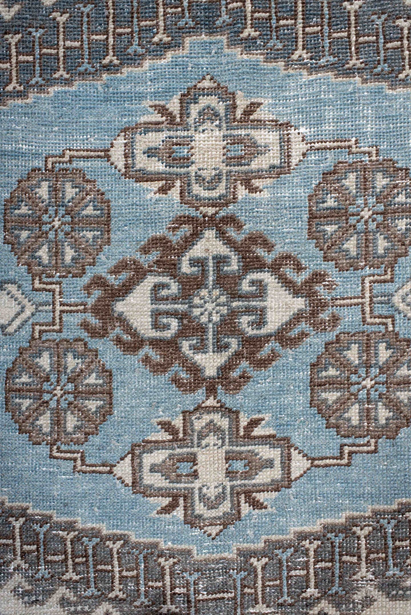 6' x 9' one-of-a-kind handmade antique Veece medium size rug. Color palette: ivory, sky blue, slate, taupe, brown, charcoal